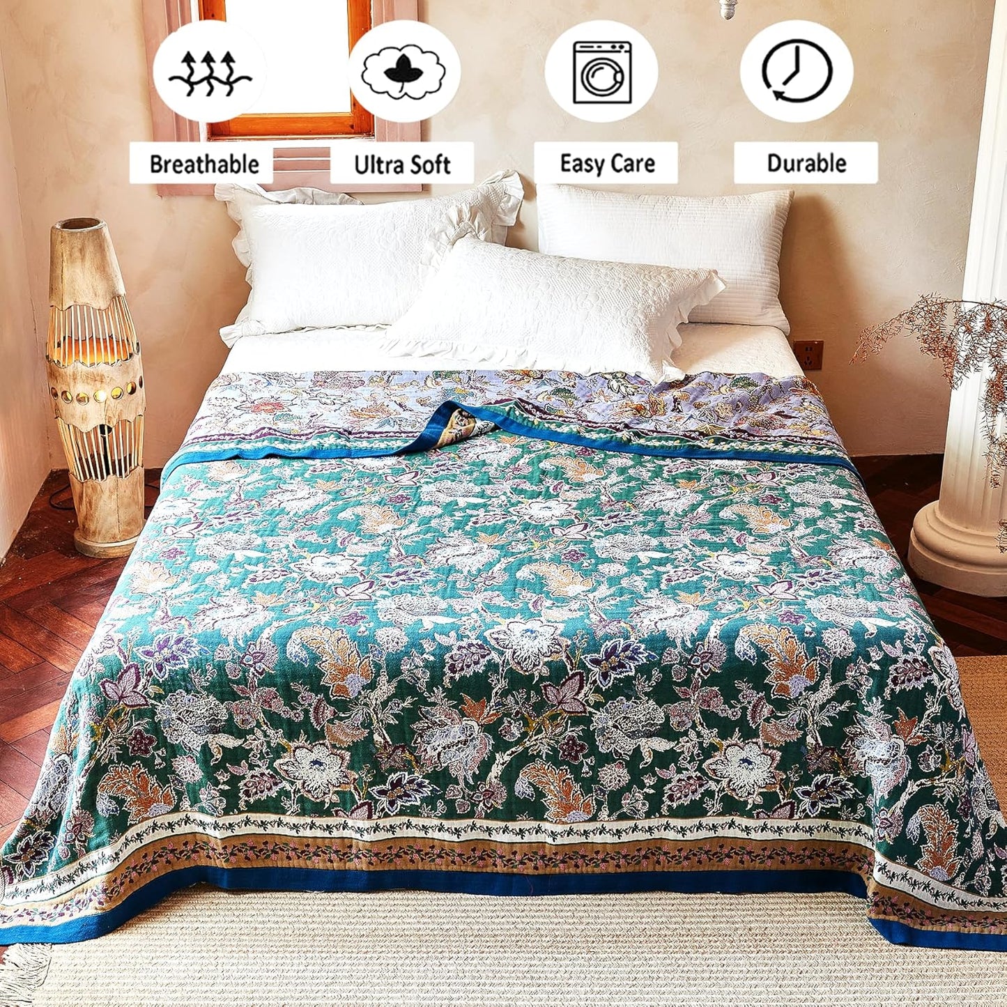 Boho Throw Blanket 80" x 90", 100% Organic Cotton Breathable Ultra Soft Bed Purple Quilt Throw - All Season Luxury Floral Farmhouse Decor Blanket for Sofa Couch Chair and Gift.