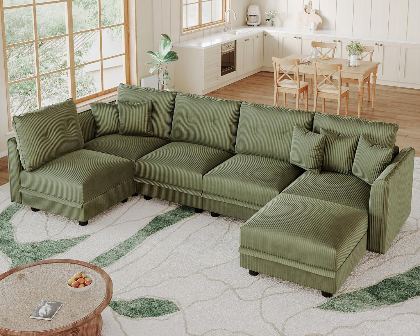 LLappuil Modular Sectional Sofa with Storage Seats, Corduroy Convertible Modular U Shaped Sectional Couch for Living Room, 6 Seat Oversized Sofa with 5 Back Cushion 5 Throw Pillow, Green