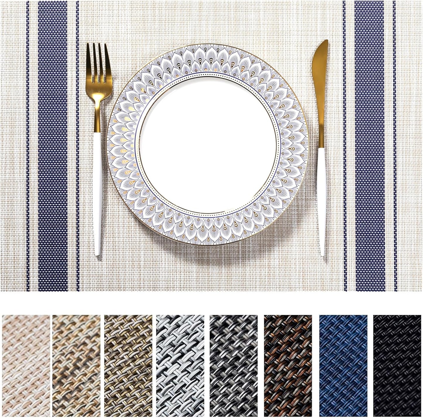 LEXMORE Placemats Set of 6 Vinyl/Plastic Woven Place Mats for Kitchen Table Indoor/Outdoor Washable Placemat Wipeable Dining Table Mats(Blue Skyline)