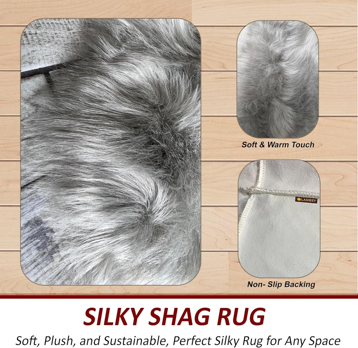 LAMBZY Faux Sheepskin Hypoallergenic Free Shape Silky Shag Rug, Luxury Shaggy Silky Plush Carpet for Bedrooms Rugs Living Room Kids Rooms Sofa Floor Rugs (Quarto 4 Pelts 4'x6', 120x180cm Grey)