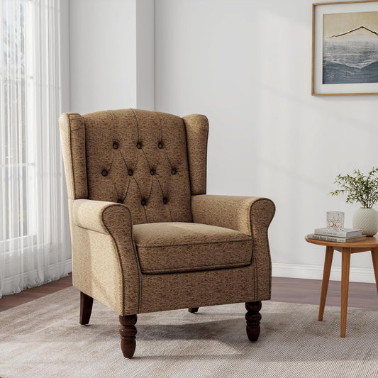 Accent Chair, Upholstered Armchair with Button Tufted High Back & Solid Wood Legs, Comfy Wingback Reading Single Sofa Chair for Small Spaces, Living Room, Bedroom (Brown, Set of 1)