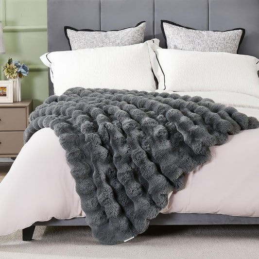 DREAMNINE Oversized Soft Thick Fuzzy Faux Rabbit Fur Throw Blanket Twin Size 60" x 71", Double Sided Comfy Plush Warm Shaggy Fluffy Blankets,Solid Luxury Cozy Cute Furry Blanket for Bed Couch Pet,Grey