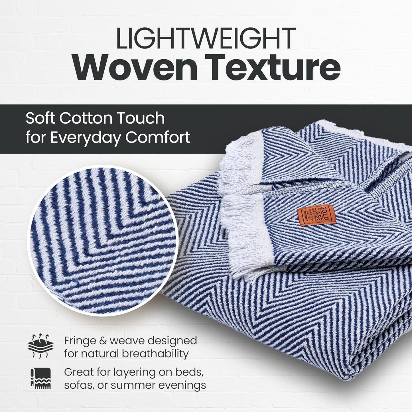 Gold Case Throw Blanket for Couch – 100% Recycled Turkish Cotton Blankets & Throws – Elegant Decorative Throw Blankets for Living Room Sofa – Woven Throws for Couch – Elegant Navy Blue – 50x60