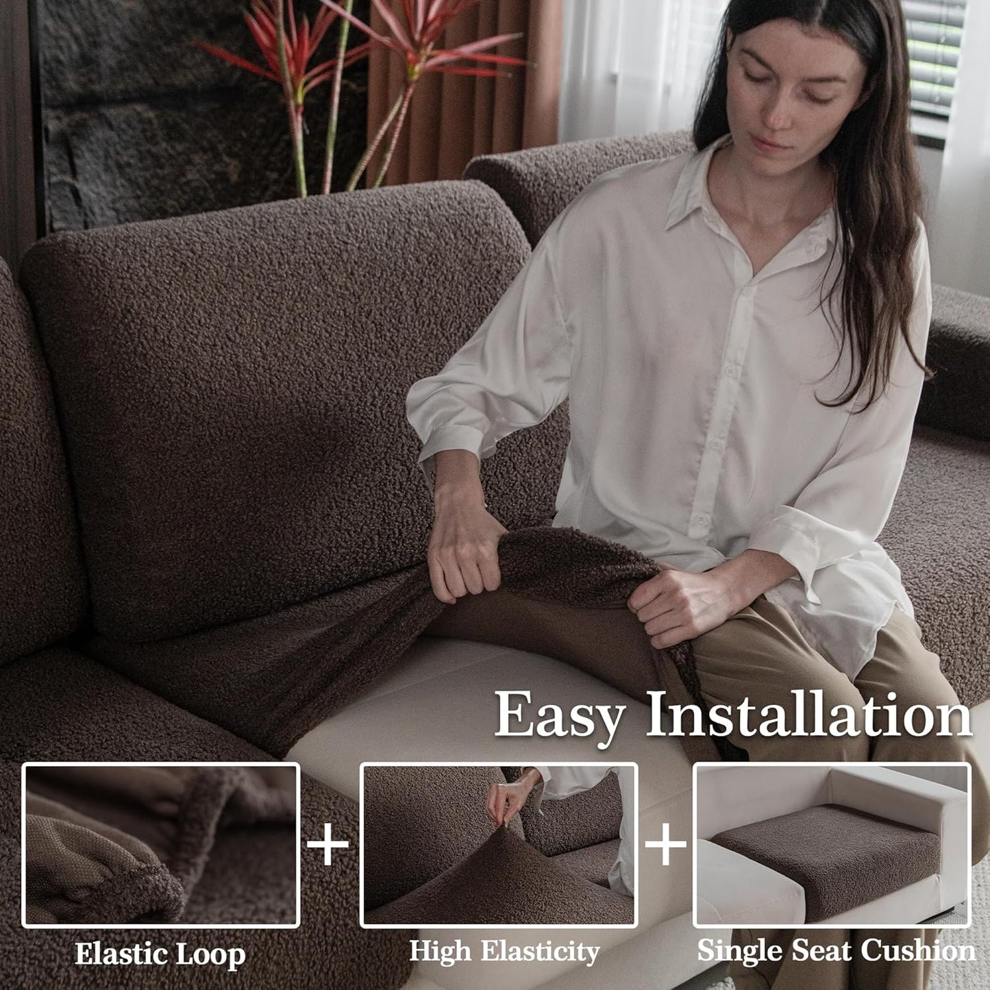 Couch Cushion Covers for Sectional Sofa, Stretch Soft Sofa Slipcovers Washable Wear-Resistant Universal Furniture Protector for Living Room(1 Piece Oversized Cover, Brown)