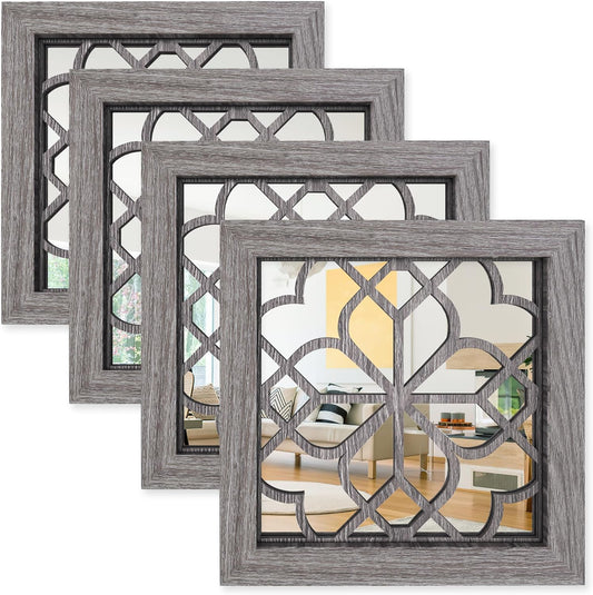 4pcs Farmhouse Wall Mirror with Carved Floral Design -Rustic Mirror Decor for Home, 12x12 inch(Brown)
