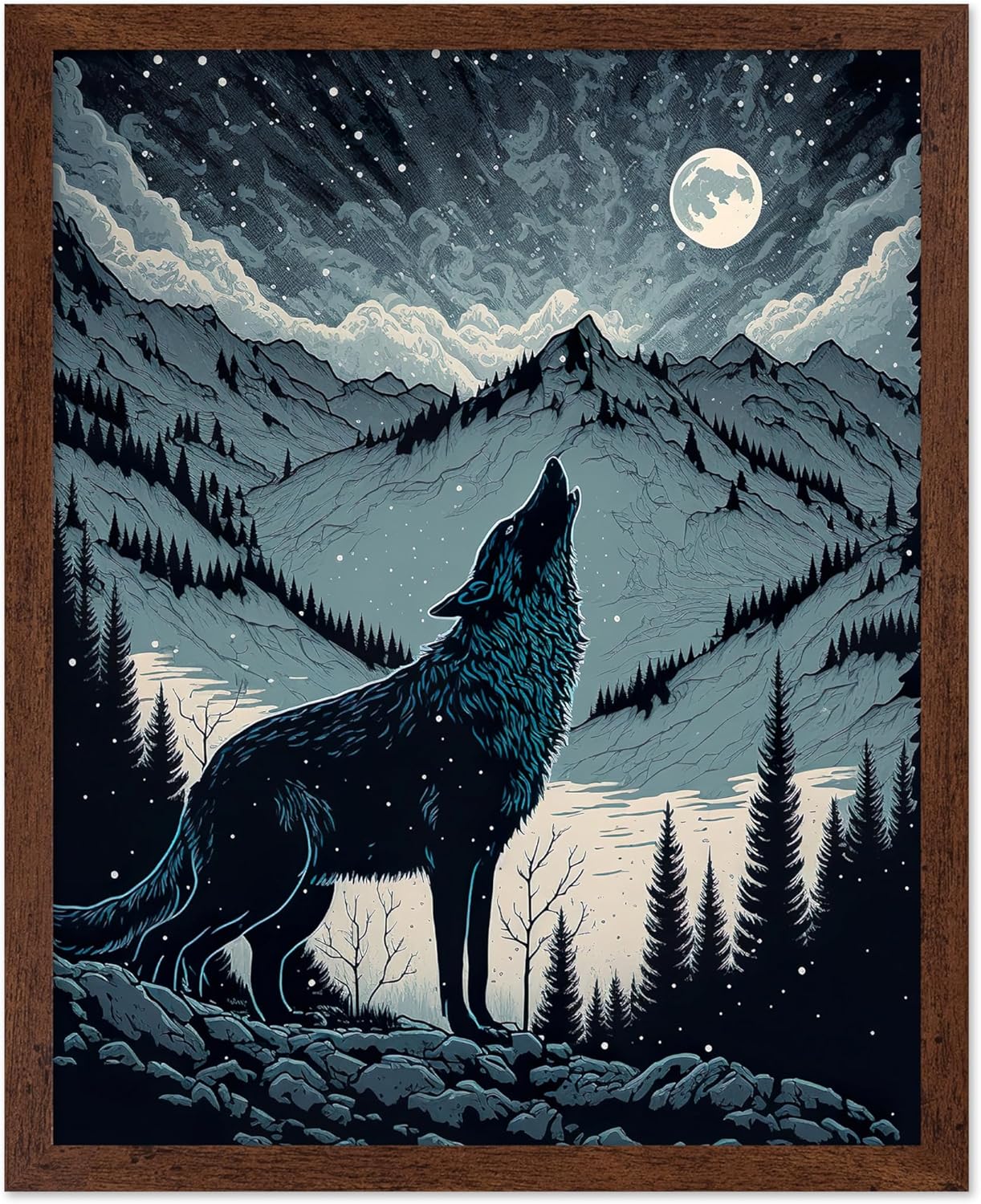 Poster Master Vintage Illustration Poster - Retro Animal Print - Gift for Artist, Friend - Wolf Howling at the Moon, Mountain, Snow, Landscape - Wall Decor for Home, Office, 8x10 Brown Framed