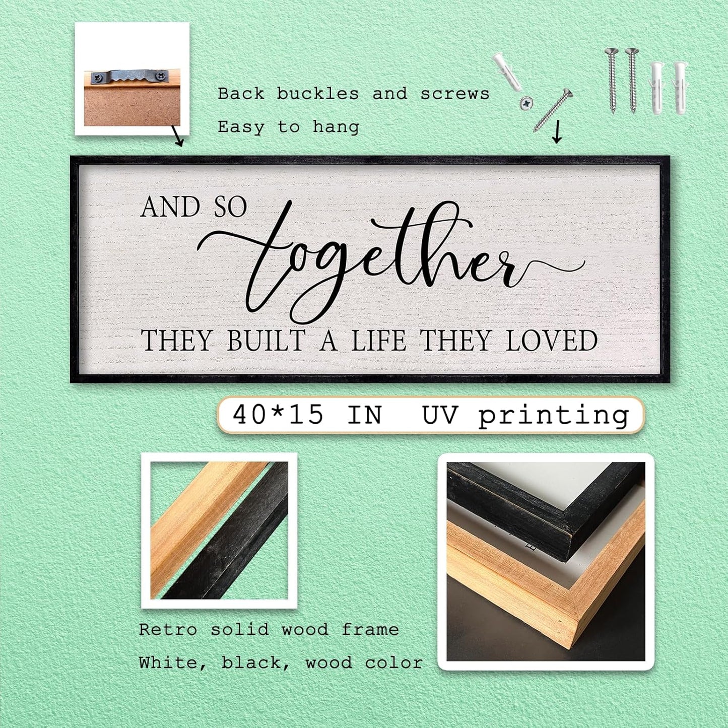 LuZhiQiang And So Together They Built A Life They Loved Sign Wall Decor 40"x15" Large Wood Framed Above Over Bed For Master Bedroom Hanging Wall Art (Black)