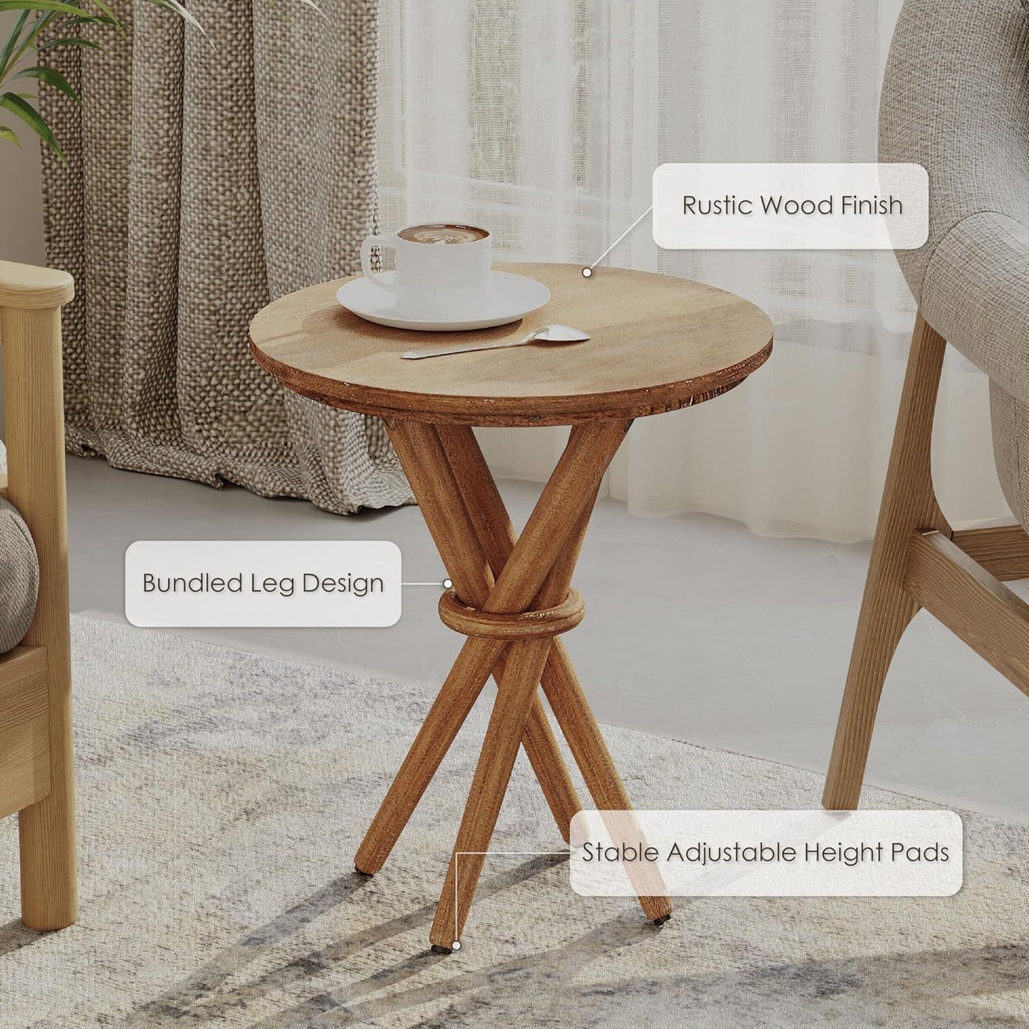 Round Wood End Table Farmhouse Wooden Side Table Rustic Plant Stand with Bundled Legs for Living Room, Office, Walnut