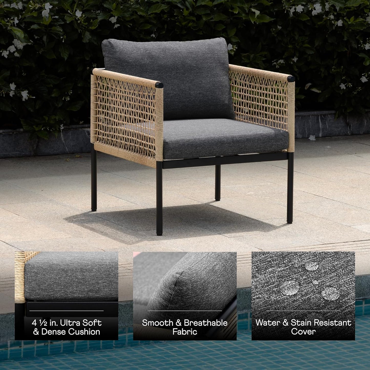 Idzo Oscar Wicker Outdoor Lounge Chair Set of 2, Sturdy Metal Frame, Weather-Resistant Rope Weave, Plush Olefin Cushions, Modern Patio Chairs for Backyard, Balcony, or Poolside