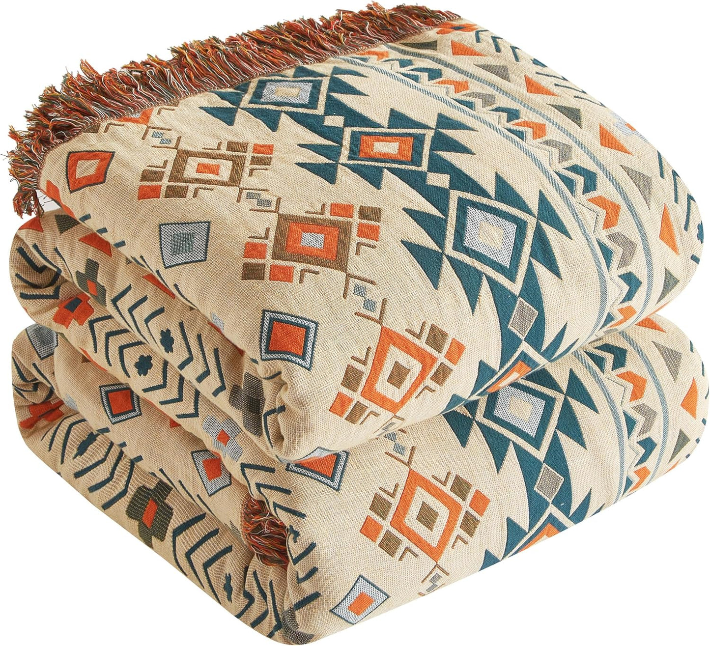 Boho Throw Blanket for Bed 60”x80”, 100% Cotton Woven Blanket for Couch Sofa, Ultra Soft 4-Layer Muslin Quilt with Diamond Pattern, Farmhouse Bed Blanket/Cover for Living Room Decor