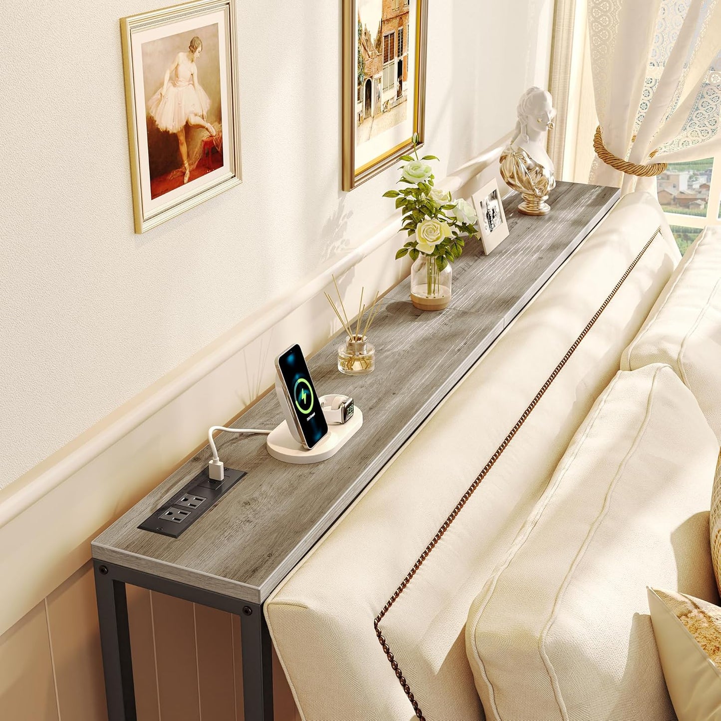 SUPERJARE Console Table with Outlet, 63 Inch Sofa Table with Charging Station, Narrow Hallway Entryway Table, Behind Couch Table, for Living Room, Oak