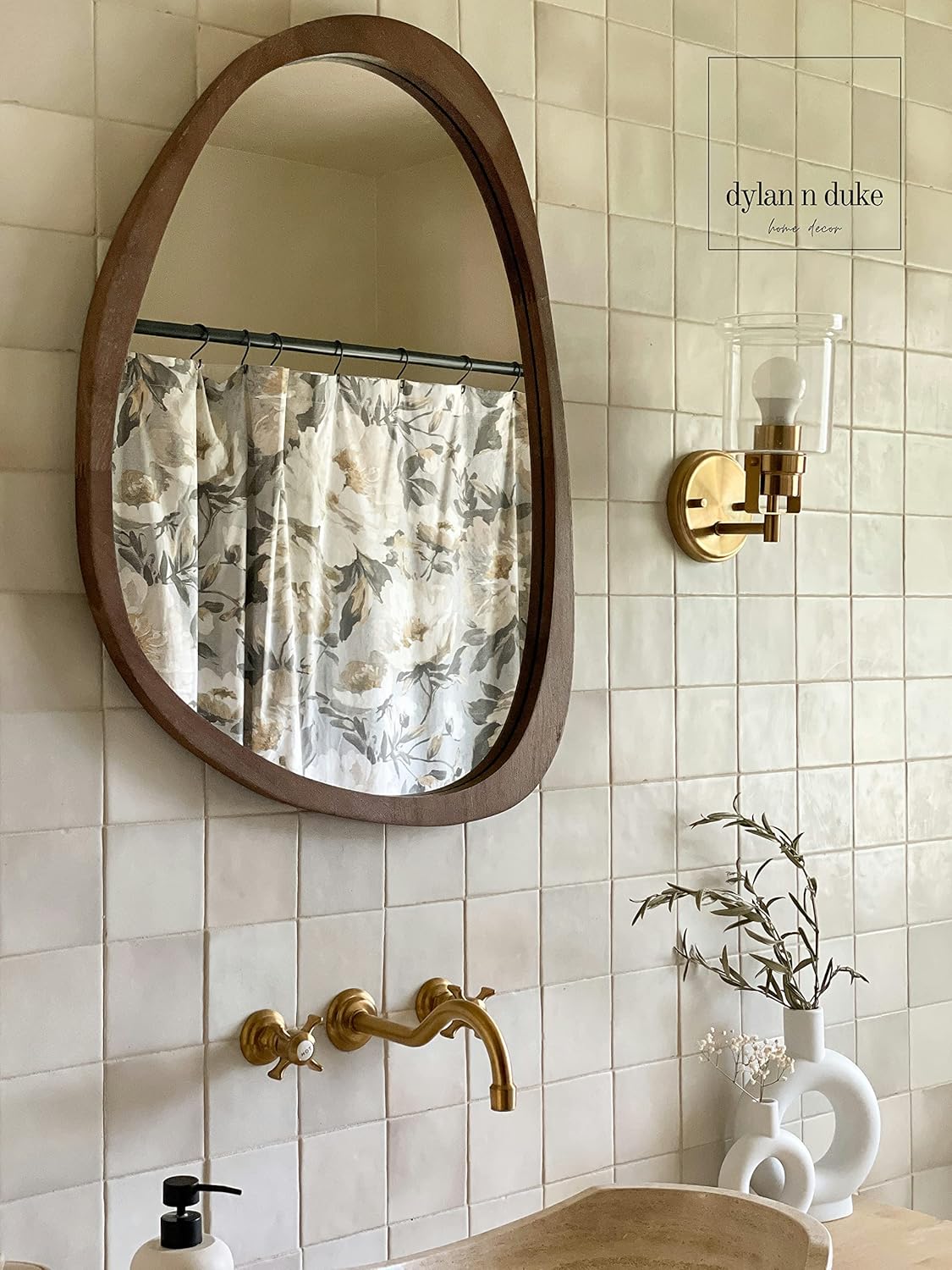 Irregular Wood Frame Boho Mirror - Large Wall Mounted Accent, Asymmetrical, Modern Aesthetic Wall Decor for Bedroom, Entryway, Living Room, Bathroom (Brown)