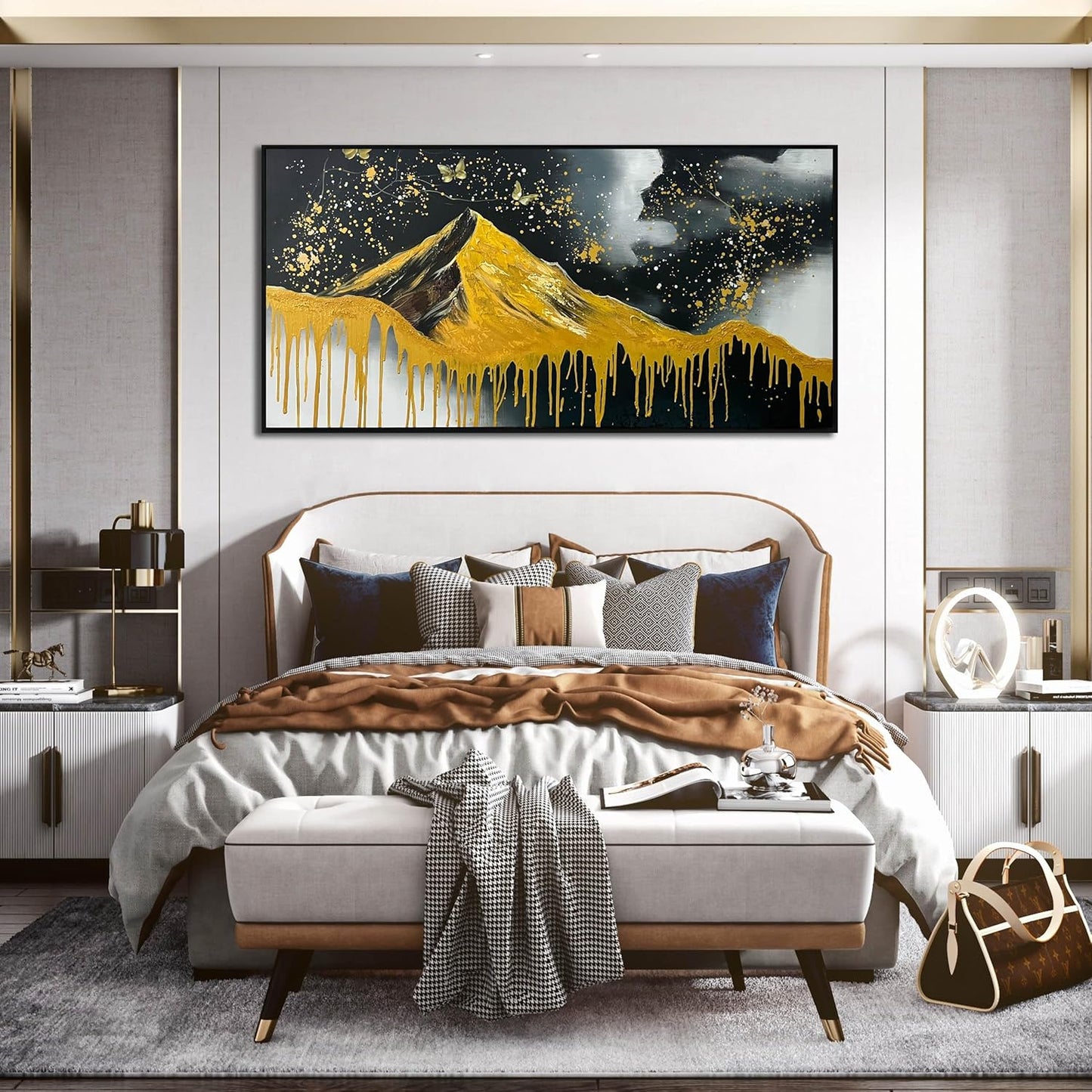 Gold Mountains Painted Wall Art for Living Room - Hand Painted Abstract Wall Art for Office - Black Framed Wall Art for Bedroom Size 29" x 59"