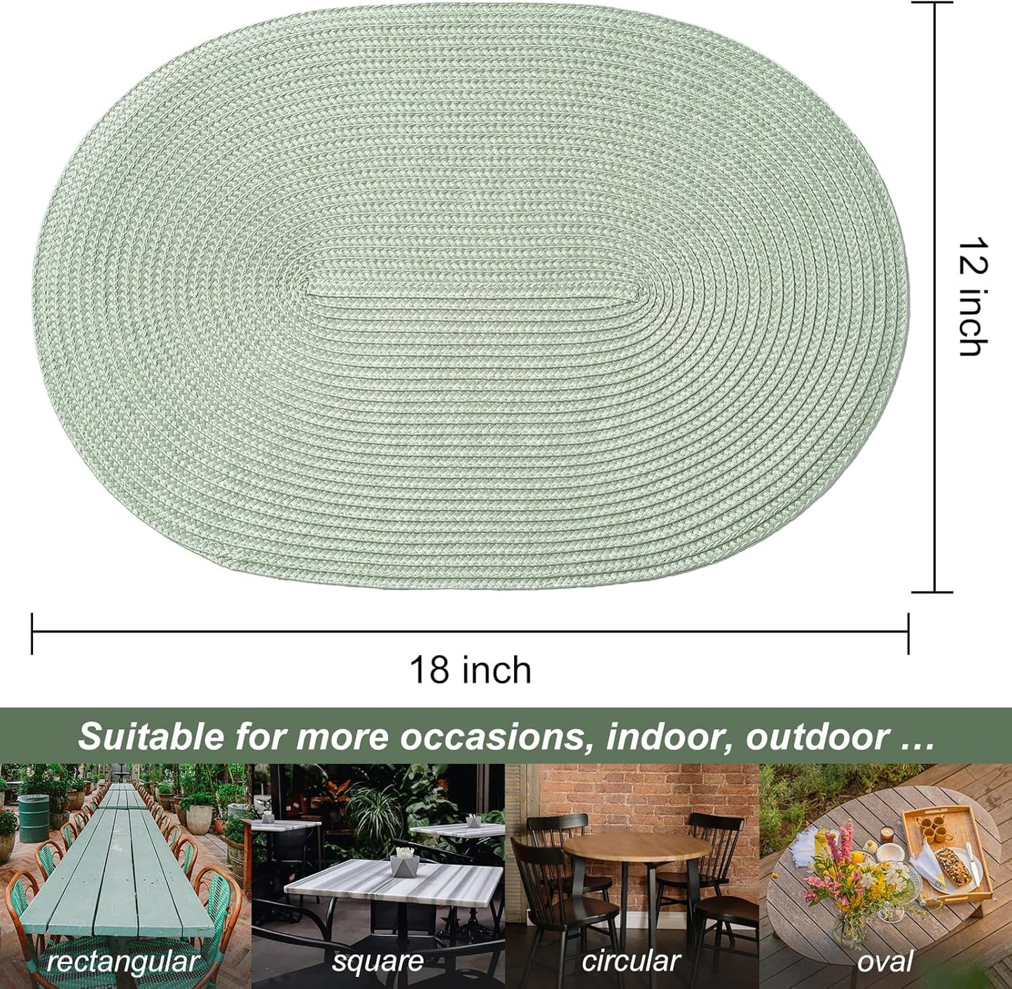 AHHFSMEI Placemats Set of 6 for Dining Table Washable Woven Vinyl Non-Slip 18x12 inches Placemat Heat-Resistant Durable Table Mats for Dining Table Easy to Clean (Sage Green, 6)