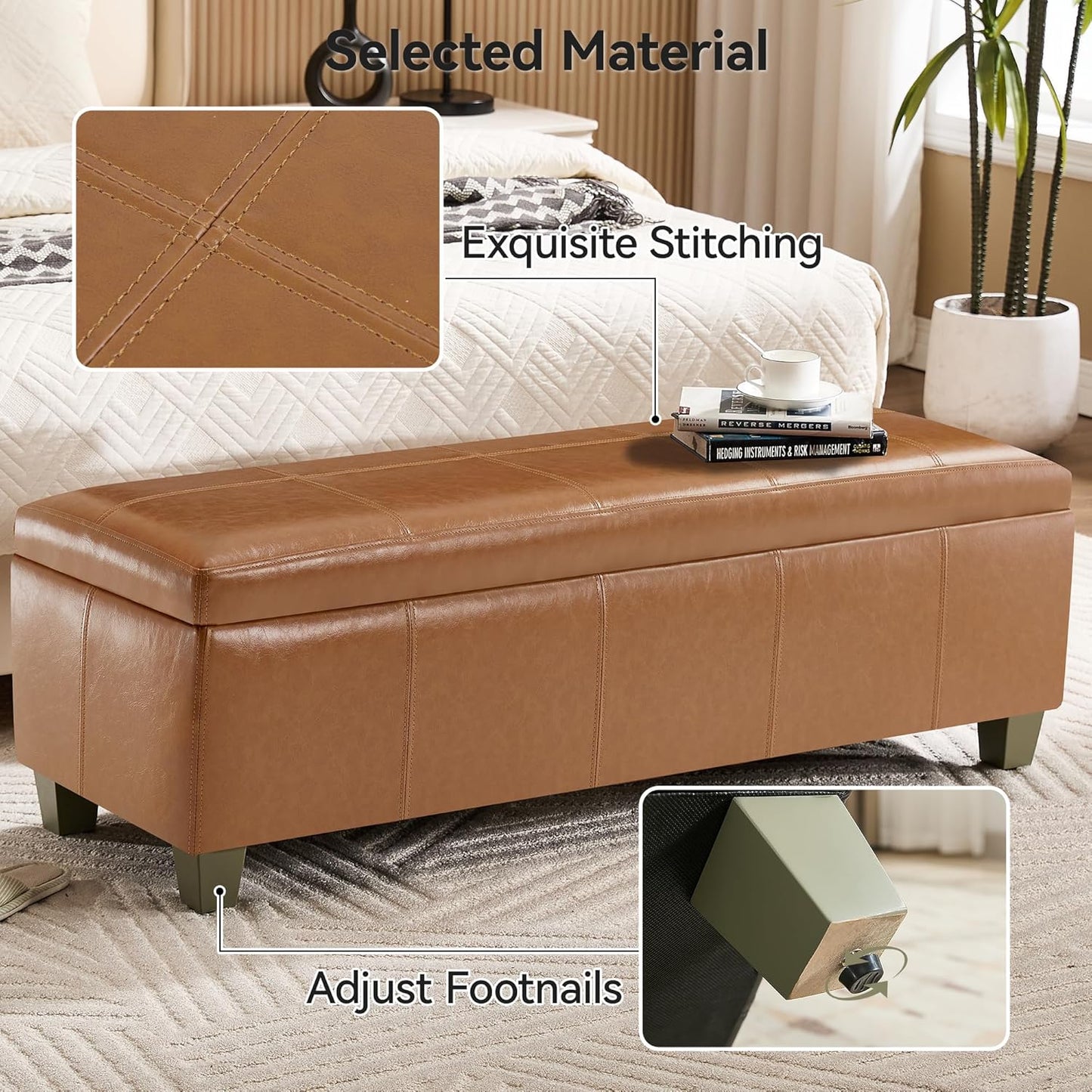 51" Faux Leather Storage Ottoman, Stitch Tufted Rectangle Upholstered End of Bed Storage Bench, Entryway Large Couch Ottoman with Wooden Legs, Light Brown