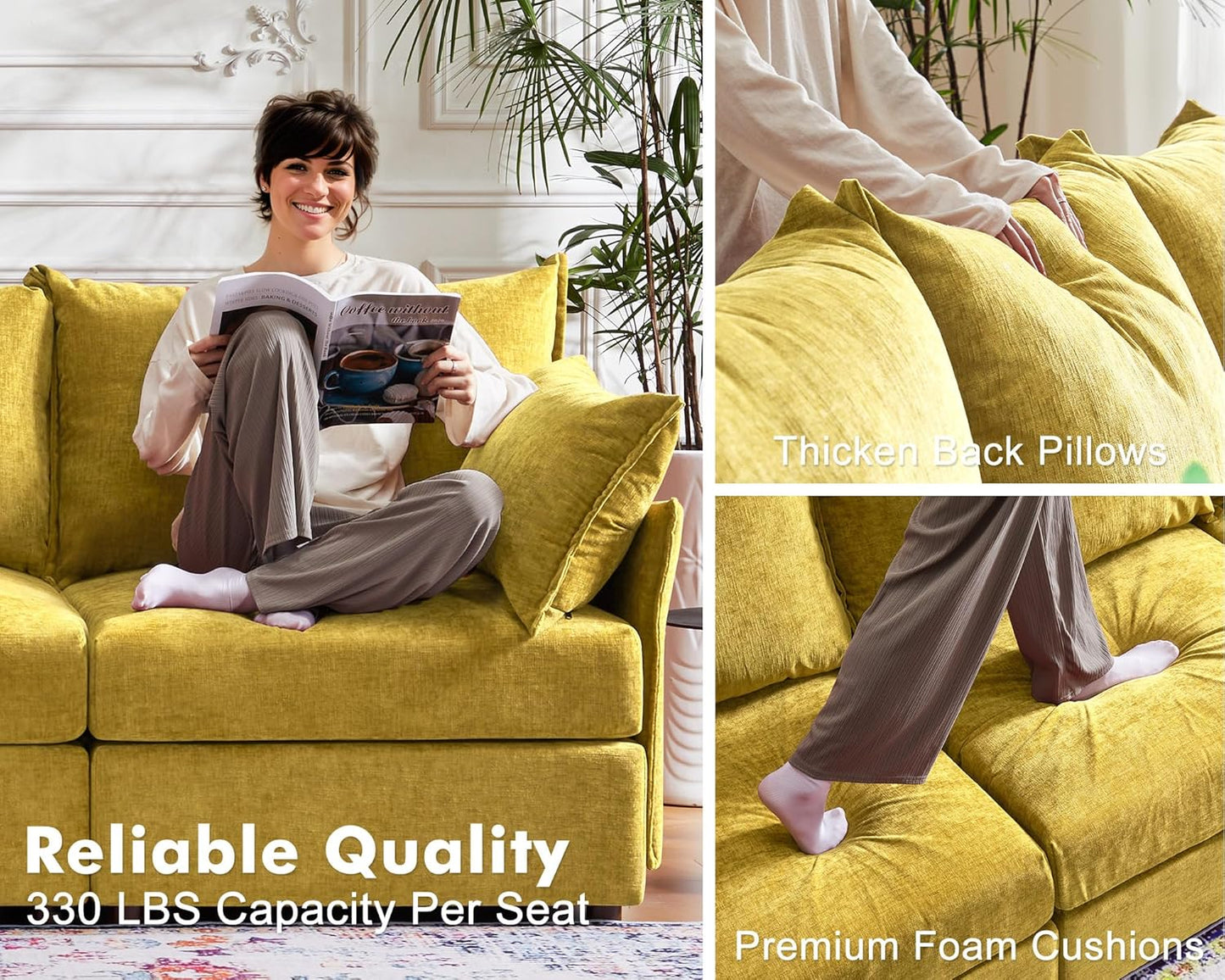 135.5" Oversized Modular Sectional Sofa, L Shaped Convertible Couch with Movable Ottoman, Large 6 Seat Corner Couches for Living Room Deep Seat Yellow Chenille