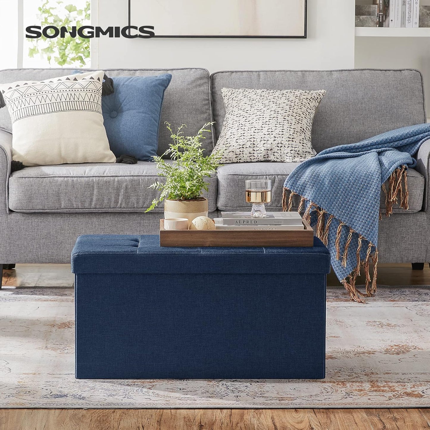 SONGMICS MAZIE Collection - 30 Inches Folding Storage Ottoman Bench, Ottoman Foot Rest, End of Bed Bench, Storage Chest, Load 660 lb, for Living Room, Bedroom, Entryway, Midnight Blue ULSF47IN