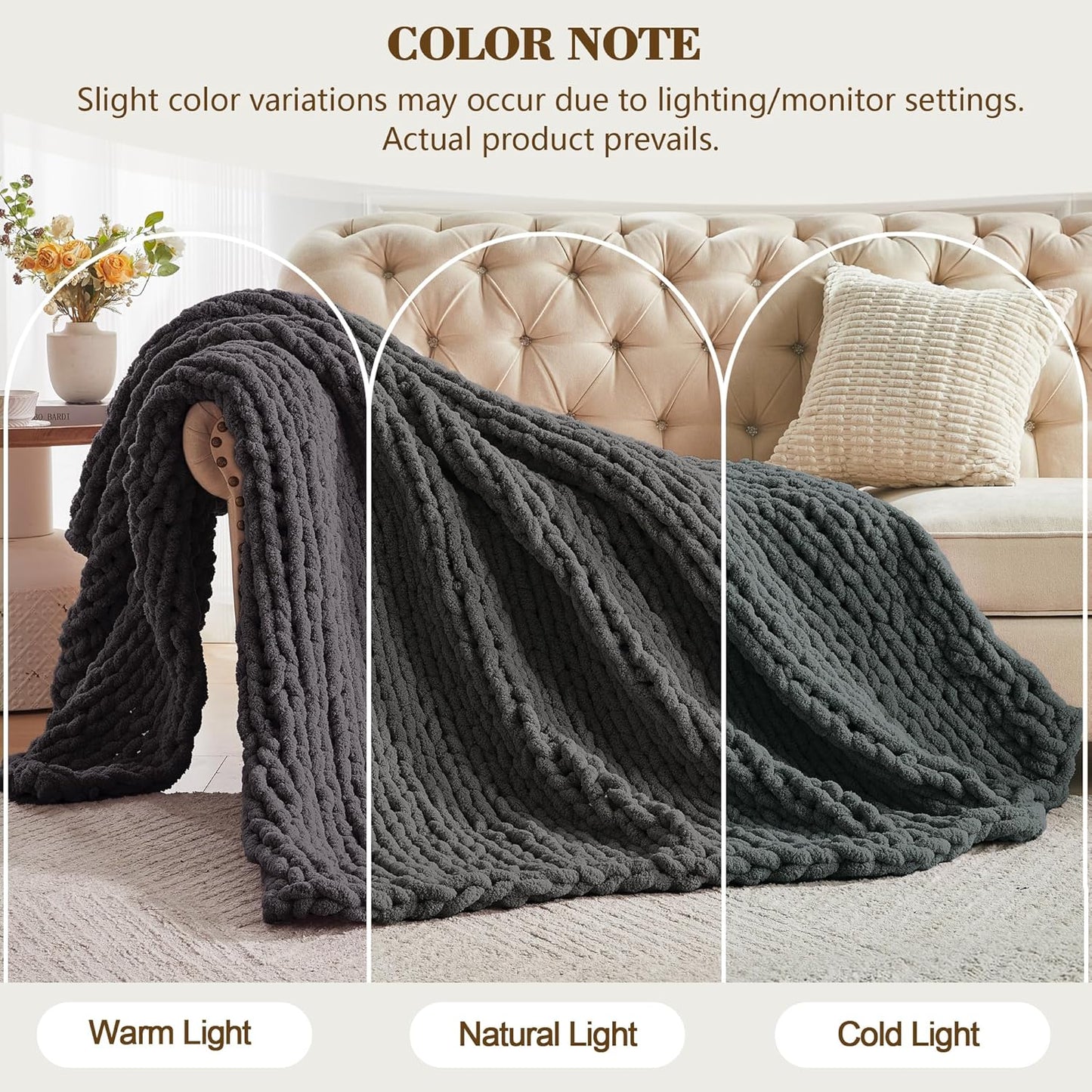 Carriediosa Chunky Knit Throw Blanket 50" X 60", 100% Hand Made Large Chenille Loop Yarn Soft Fluffy Throws for Couch Sofa Bed, Big Crochet Cozy Heavy Thick Cable Woven Blankets, Dark Grey
