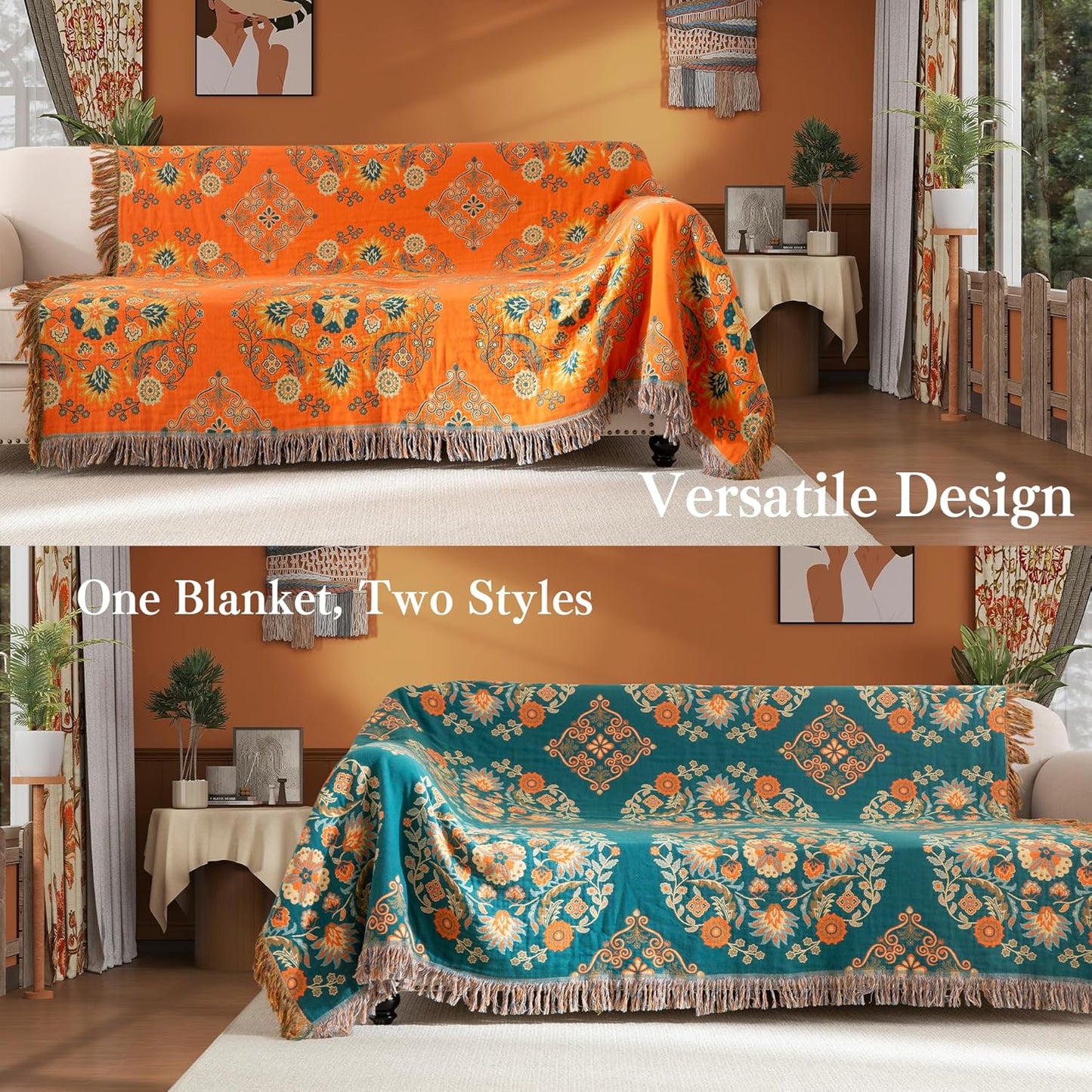 Boho Throw Blanket Twin Size, Soft Cozy Cotton Muslin Quilt Blanket for Bed Decor, Floral Patterned Couch Sofa Chair Cover, Vintage Farmhouse Cottage Tapestry Woven Blanket, Orange&Green