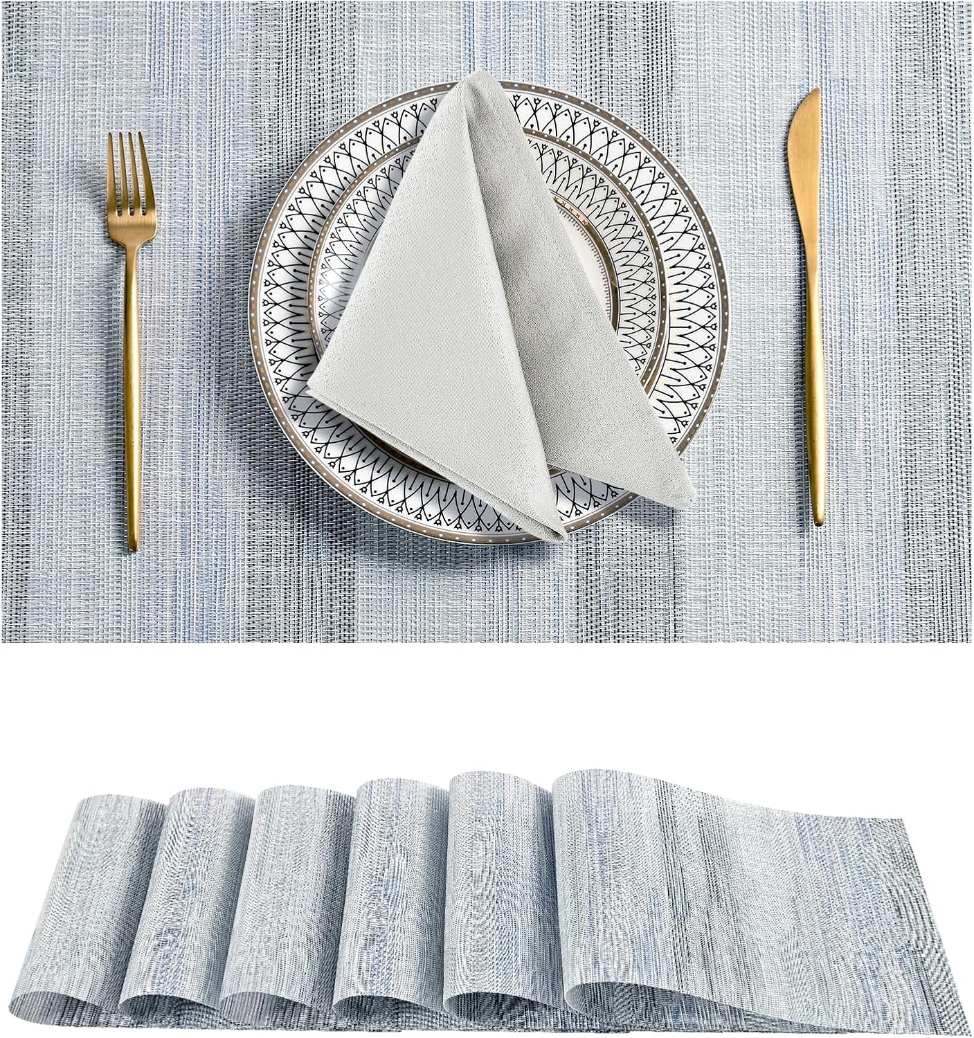 Leetaltree LightSteel Blue Placemats Set of 6 - Heat Resistant Non-Slip Place mats for Dining Table, Washable Durable PVC Vinyl Woven Table Mats（LightSteel Blue, 6）