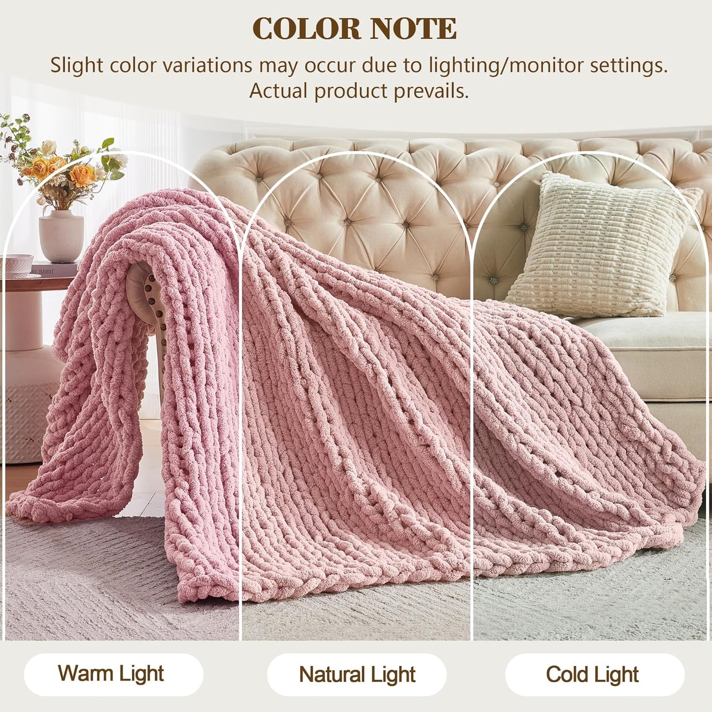 Carriediosa Chunky Knit Throw Blanket 50" X 60", 100% Hand Made Large Chenille Loop Yarn Soft Fluffy Throws for Couch Sofa Bed, Big Crochet Cozy Heavy Thick Cable Woven Blankets, Dusty Pink