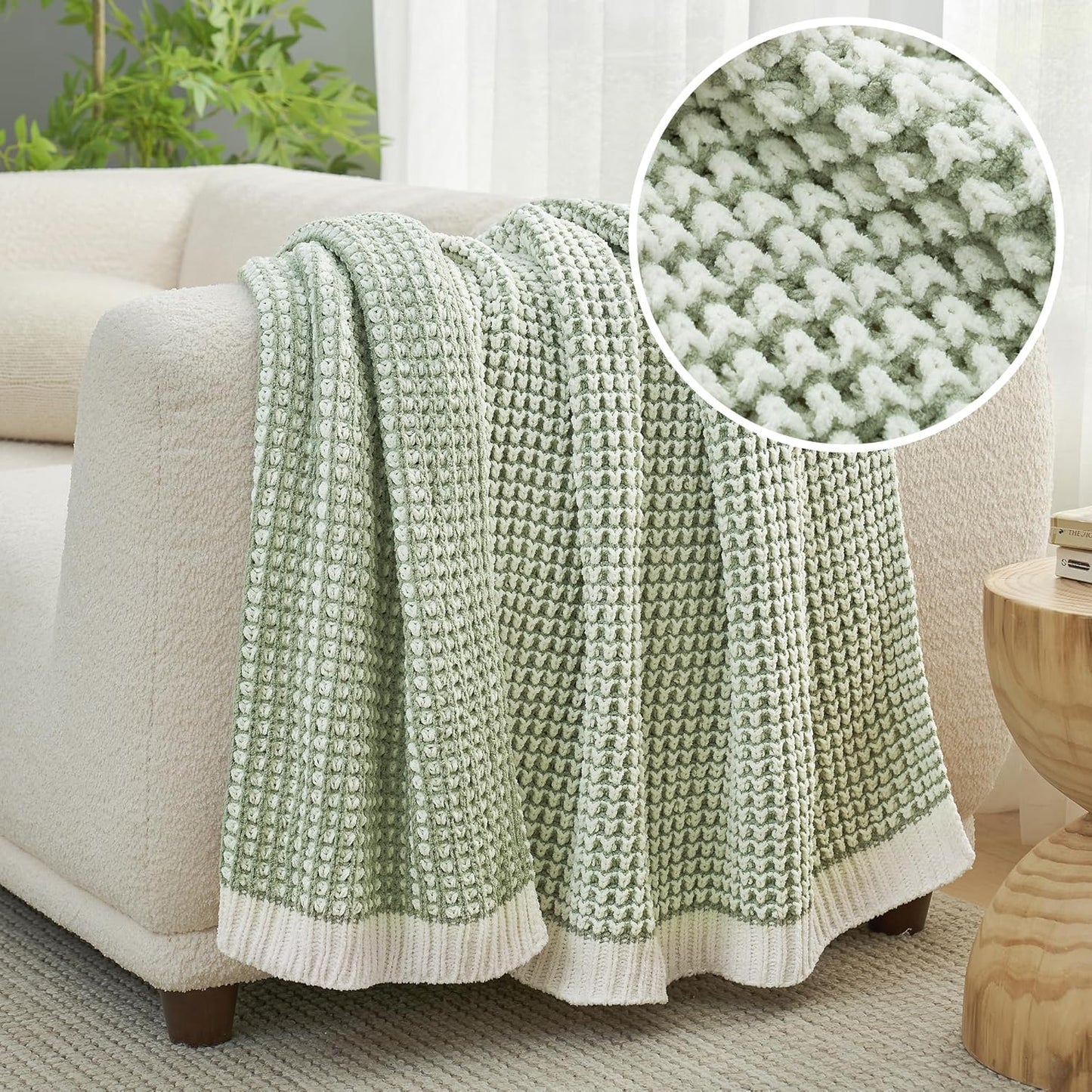 Amélie Home Chenille Waffle Throw Blanket for Couch, Reversible Pineapple Stitch Knit Soft Cozy Knit Blanket Lightweight Warm Decorative Throw for Sofa, Bed, Living Room, 50"x60", Sage Green&Ivory
