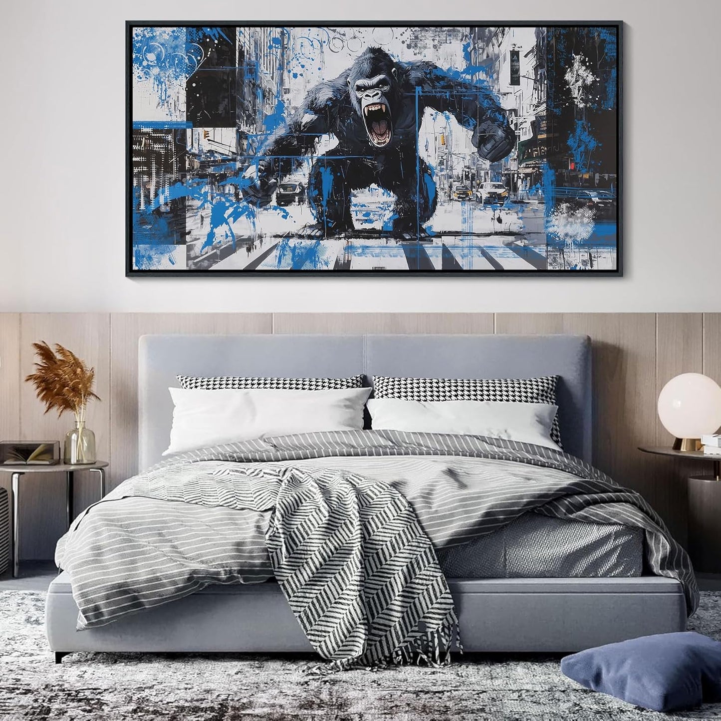 JEAWA Large Framed Wall Art, Gorilla City Street Abstract Graffiti Animal Canvas Paintings Black and White Modern Picture for Living Room Bedroom Men Study Home Office Picture Wall Decor 29x58 IN