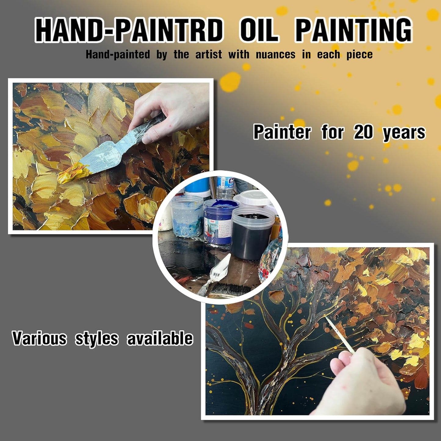 Tree Painting Wall Art for Office - Hand Painted Gold and Black Canvas Wall Art for Living Room - Black Framed Wall Art for Bedroom Size 29" x 59"