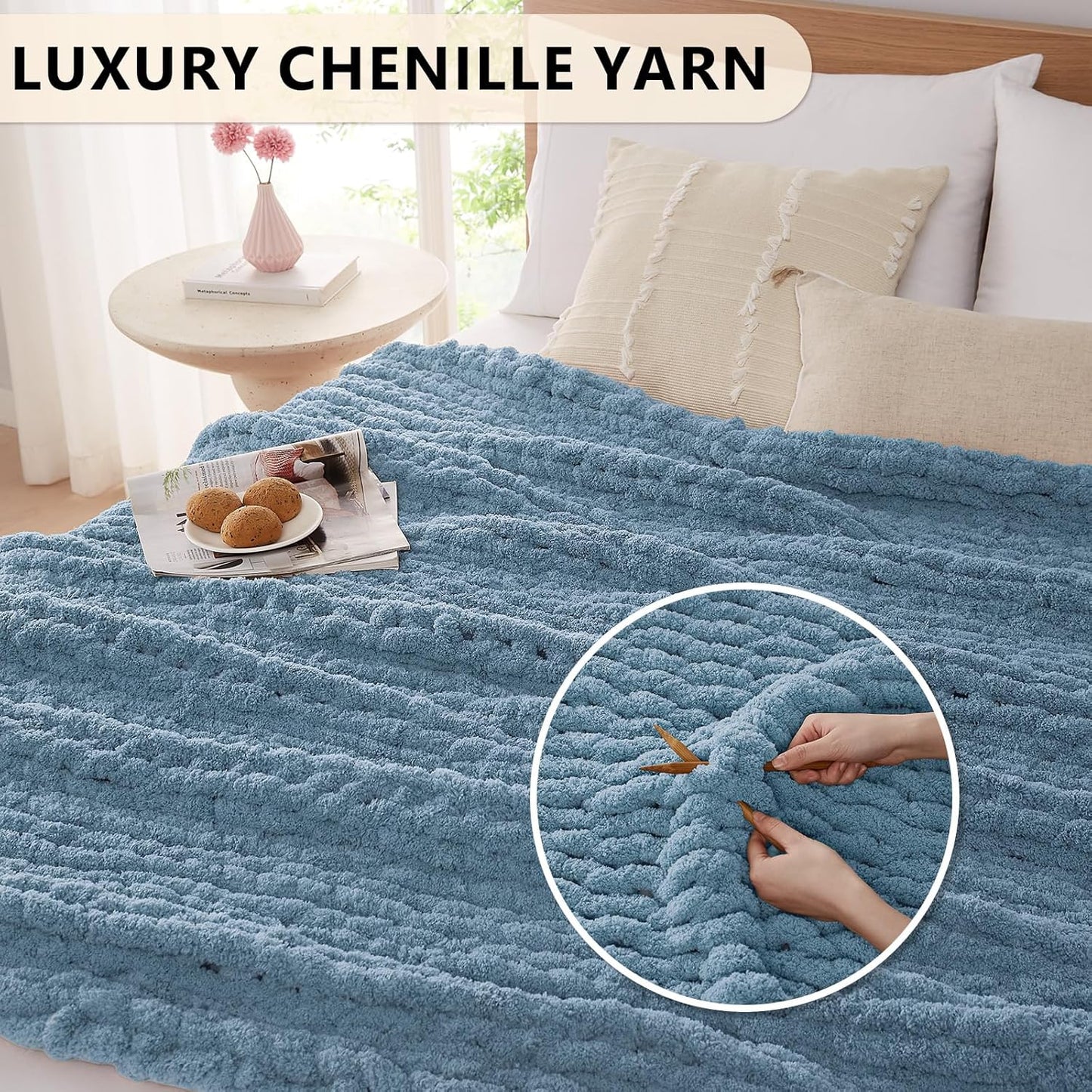 L'AGRATY Chunky Knit Blanket Throw: 72''x84'' Chenille Chunky Knitted Throw Blankets for Bed Couch - Handmade Thick Big Cable Knit Blanket - Large Crochet Rope Blankets for Home Decor(Airy Blue)