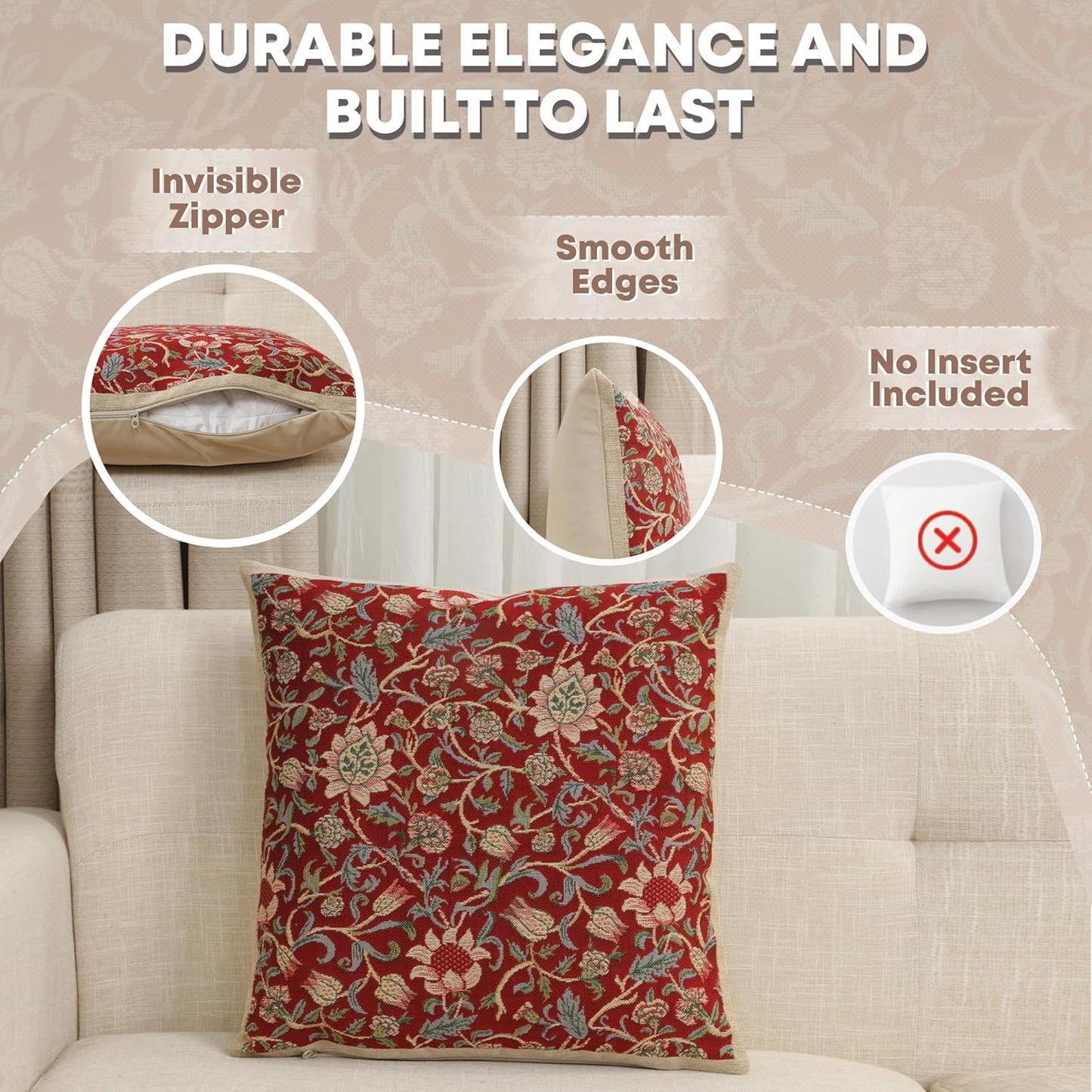 Charlotte Home Furnishings Throw Pillow Covers 16x16 in, Red Flowers Decorative Couch Pillow Cover, Boho Decor European Tapestry Cushion Cases, Living Room Cozy Home Decor, Jacquard Woven Soft Cotton