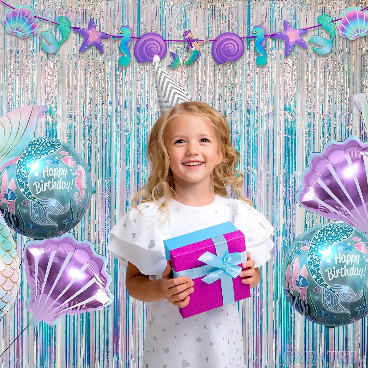 Iridescent Party Streamers Backdrop - GREATRIL Neon Transparent Holographic Tinsel Foil Fringe Curtain for Mermaid/Frozen/Sea/Euphoria/ERAS Party Theme Decorations 3.2ft x 6.5ft 2 PCS