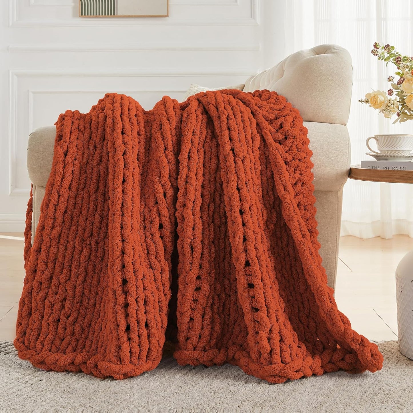 Carriediosa Chunky Knit Throw Blanket 60" X 80" Twin, 100% Hand Made Large Chenille Loop Yarn Soft Fluffy Throws for Couch Sofa Bed, Big Crochet Cozy Heavy Thick Cable Woven Blankets, Rust