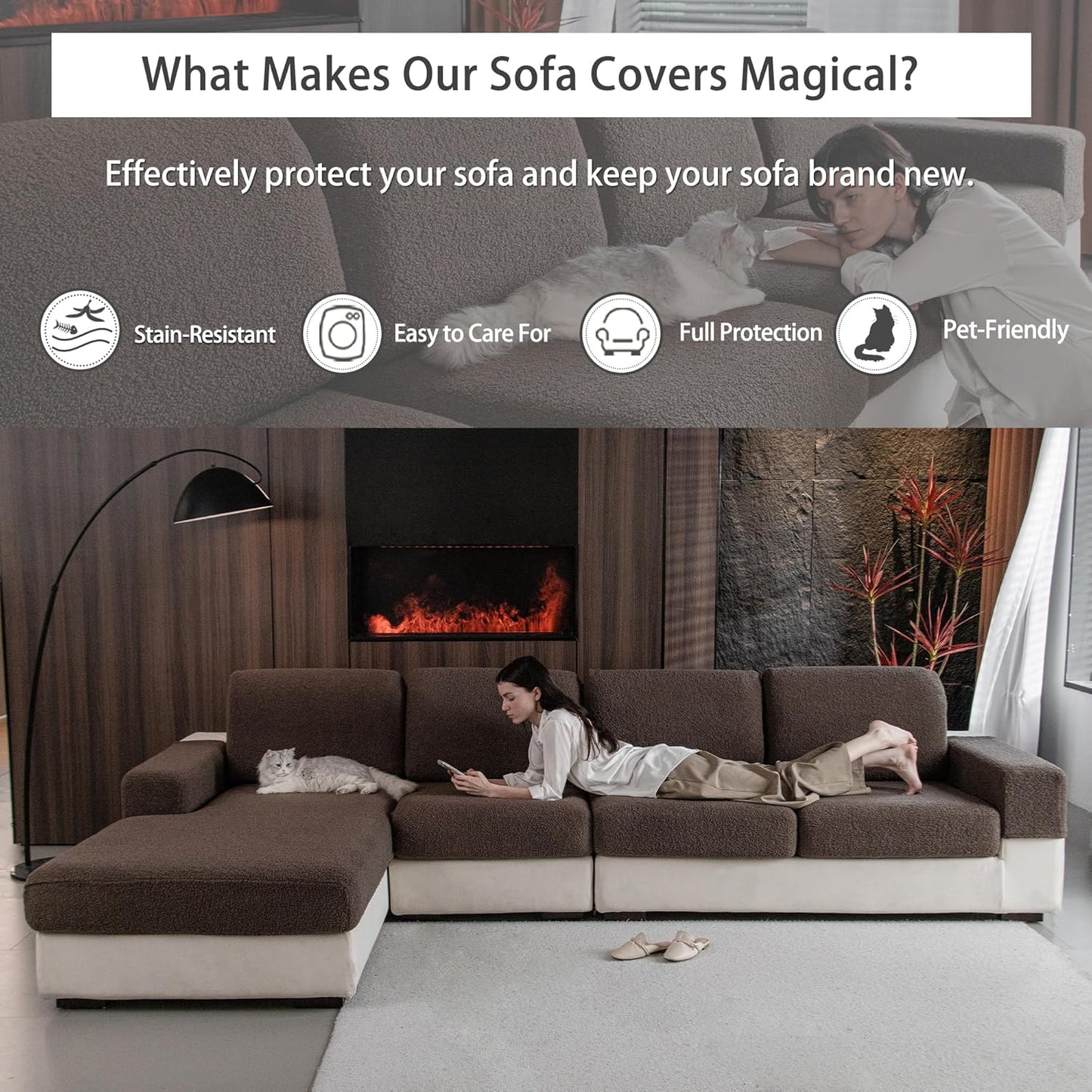 Couch Cushion Covers for Sectional Sofa, Stretch Soft Sofa Slipcovers Washable Wear-Resistant Universal Furniture Protector for Living Room(1 Piece Oversized Cover, Brown)