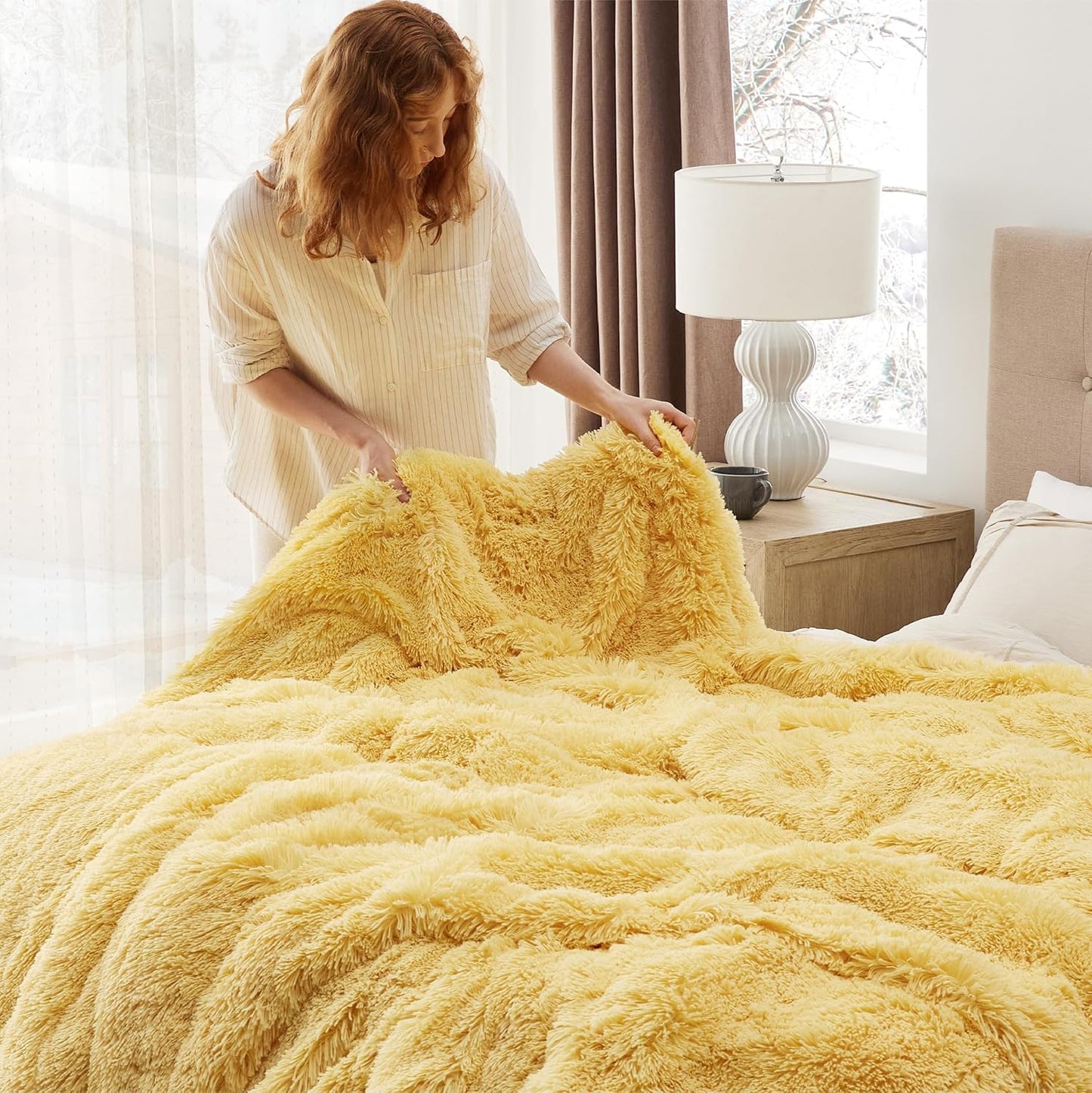 Bedsure GentleSoft Fluffy Yellow Blankets Queen Size for Bed, Thick Sherpa Faux Fur Fleece Fuzzy Plush Winter Warm Heavy Soft Full Queen Blankets, Bedroom Decor Yellow Cozy Gifts for Women Men, 90x90