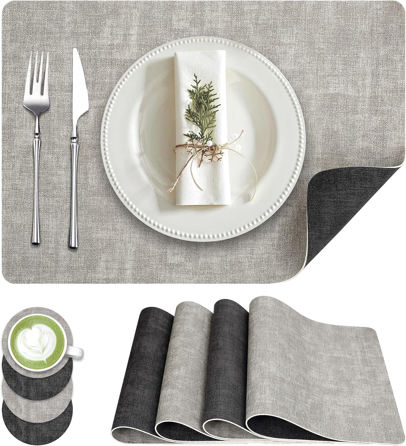 Faux Leather Dual Sided Placemats Set of 4, Square Non-Slip Heat Resistant Placemats with Coaster, Reversible wipeable Waterproof Table Mats for Kitchen, Dining, Outdoor (4, Black Light Gray)