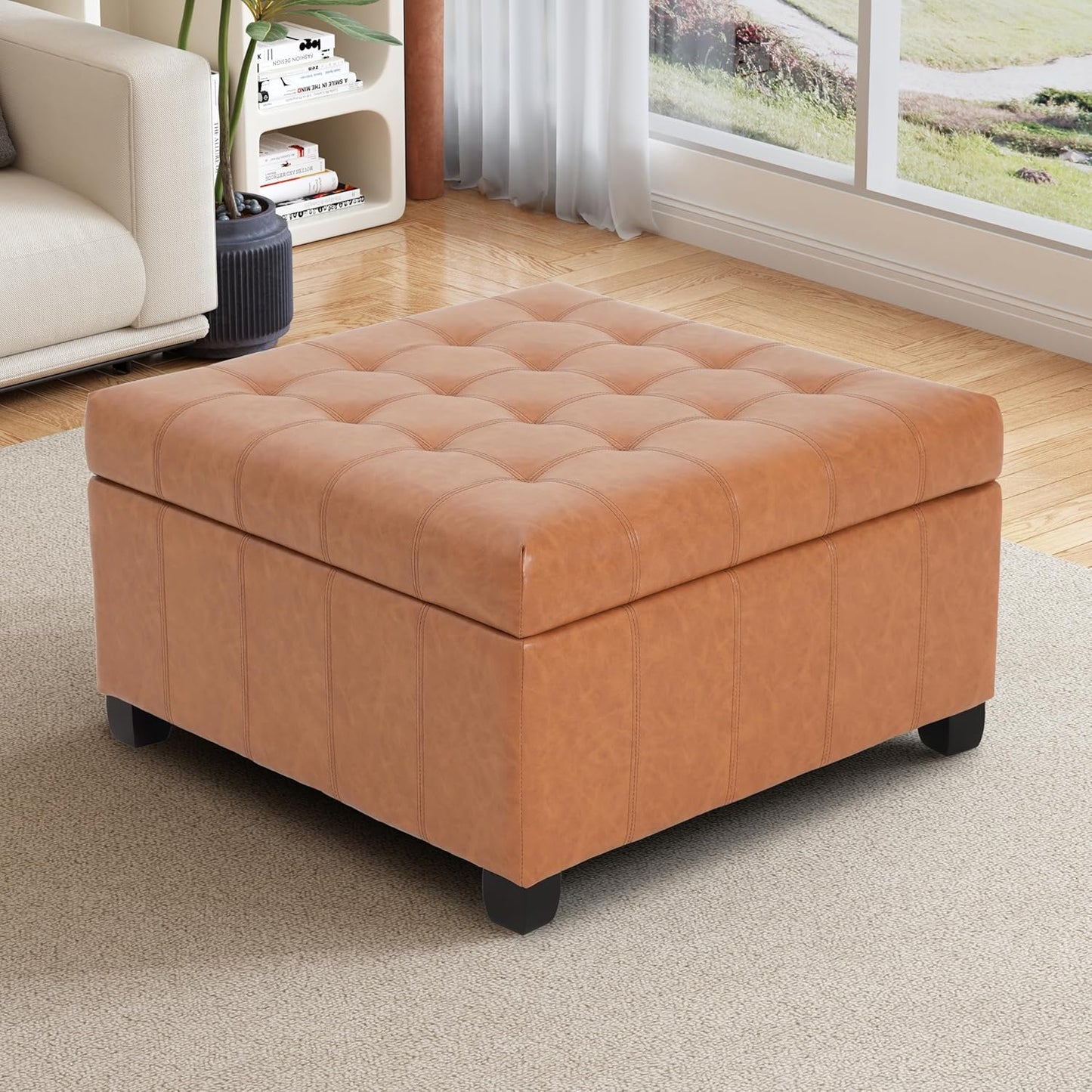 Christopher Knight Home Mervy PU Storage Ottoman with Button and Stitching, Faux Leather Indoor Upholstered Ottoman for Living Room Bedroom Home Office, Square Flip Top Foot Rest Bench, Light Brown