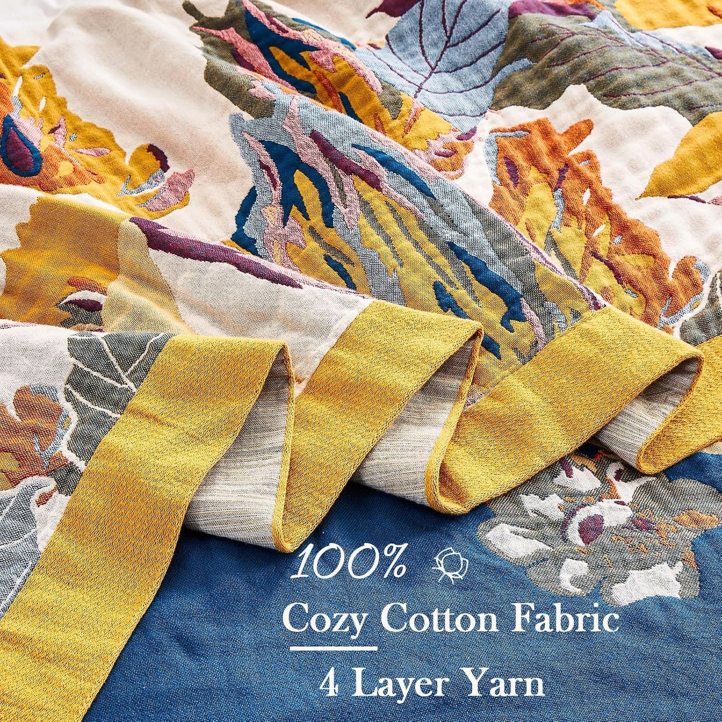 Boho Throw Blanket, 100% Cotton Ultra Soft Luxury Throw Rustic Quilt, 80"x90" Floral Bird Butterfly Farmhouse Decor Bed Blankets, All Season Rustic Reversible Bohemian Throw for Bed - Yellow