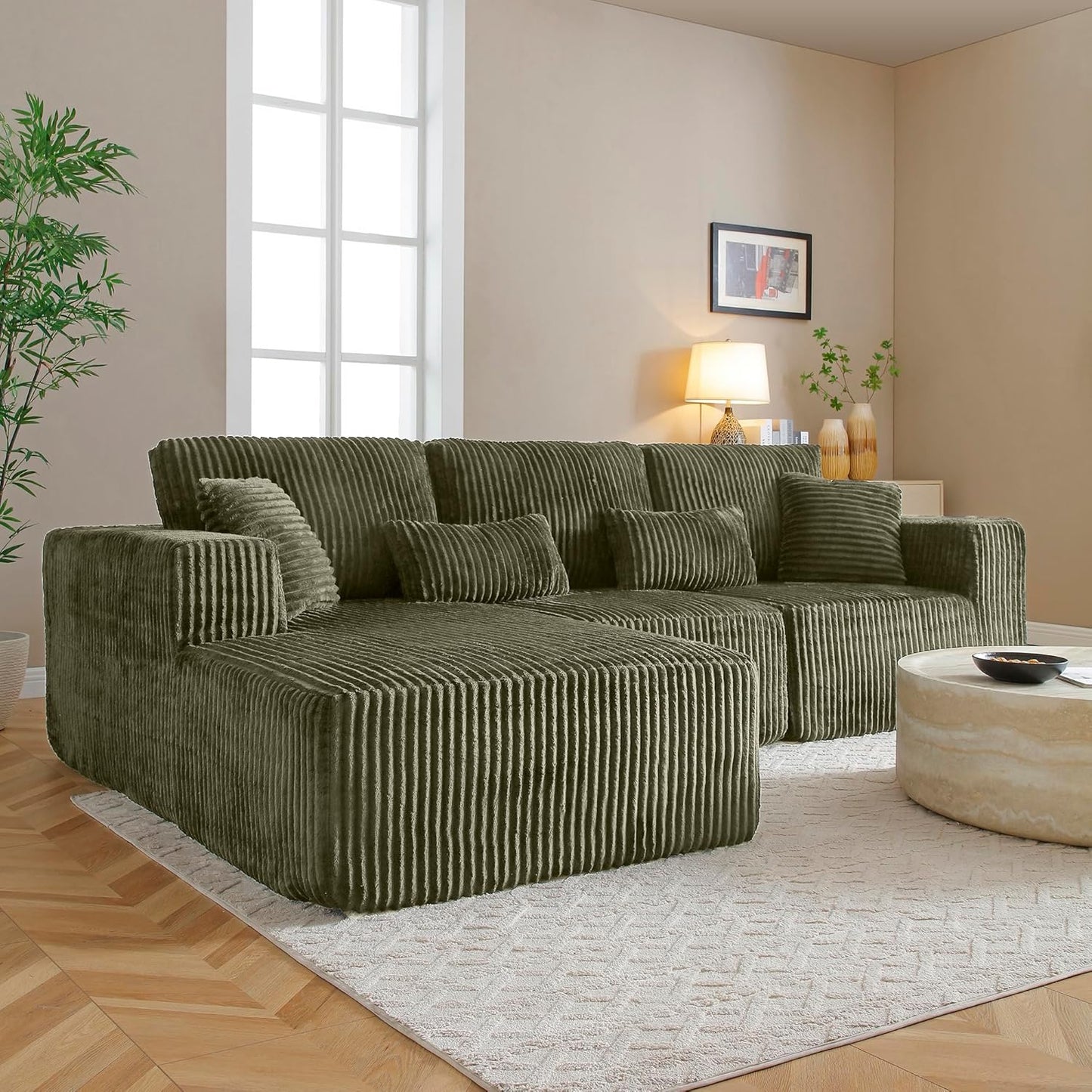 Modular Sectional Sofa Cloud Sectional Couch, 135" Comfy Fluffy L Shaped Olive Green Couches for Living Room, Deep Seat Memory Foam Plush Corduroy Boneless Couch Sectionals Left Facing Chaise Sofa