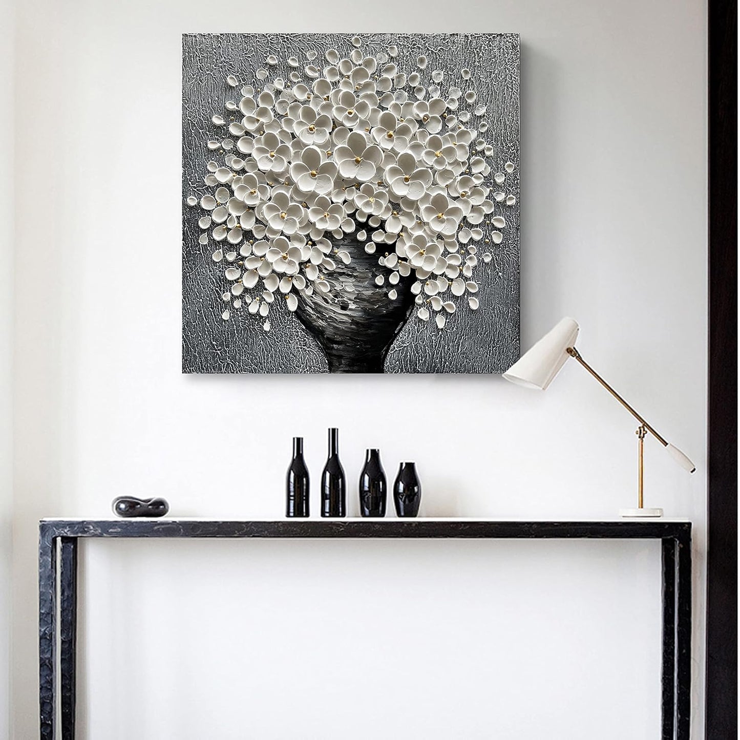 White Flower Oil Painting Modern Abstract Art Oil Painting Home Bedroom, Dining Room, Living Room, Office Wall Decoration (20x20 inches)
