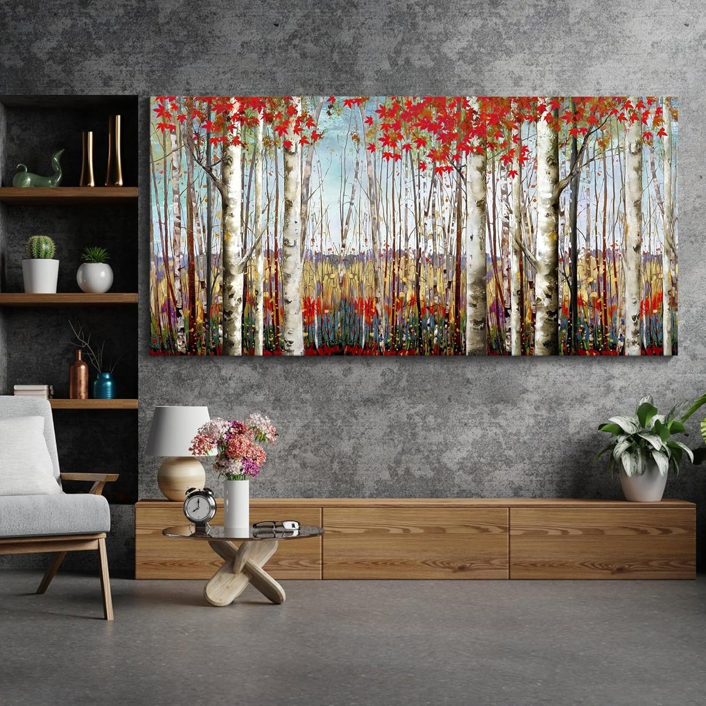 Canvas Wall Art for Living Room Bedroom Modern Wall Decor of Red Leaves White Birch Tree Forest Painting Artwork Wall Decoration 29x58 Large Size with Wood Framed Easy to Hang for Home