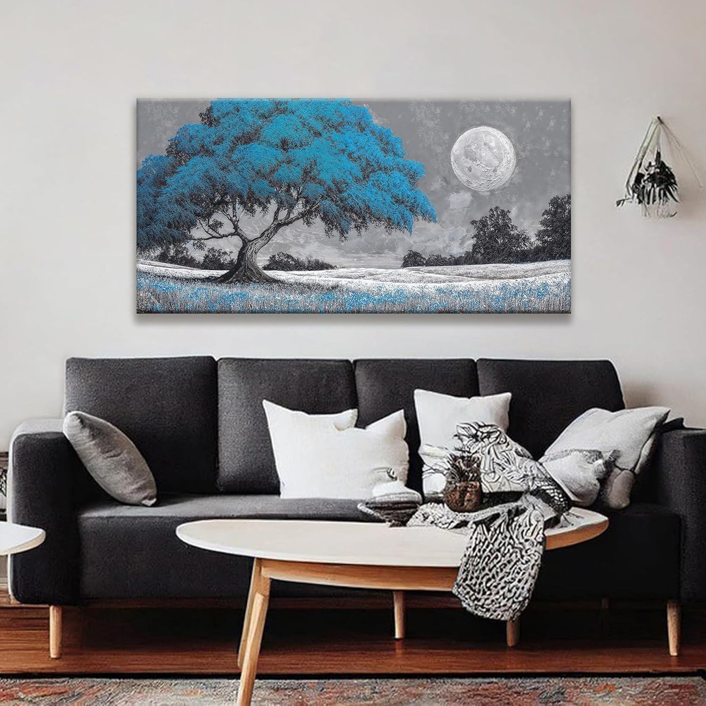 TAIJXAGSG Wall Art For Living Room Blue Tree Moon Canvas Art Wall Print Decor Artwork Print Painting 24" X 48" Modern Wall Art Picture For Bedroom Modern Salon Kitchen Office Home Wall Decor