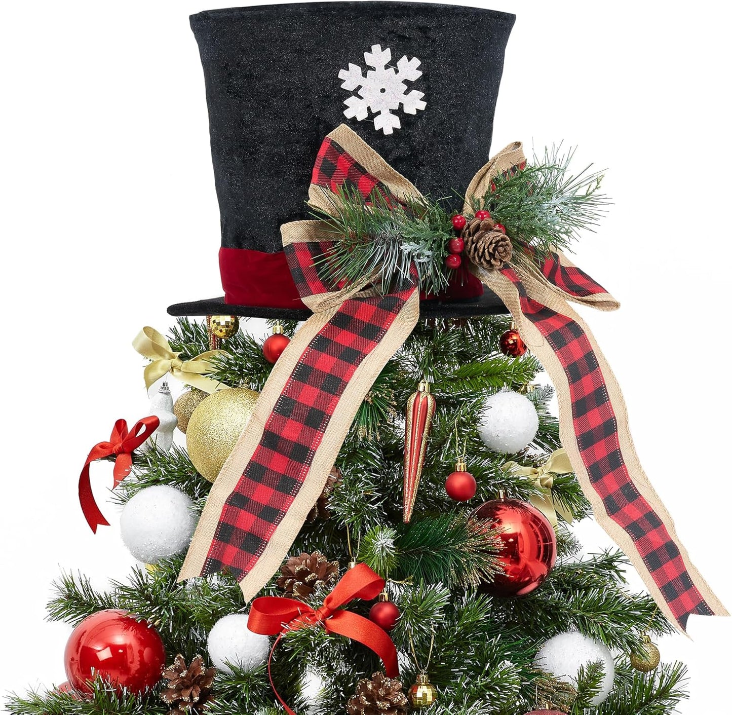 GENMOUS Christmas Hat Tree Topper, Buffalo Plaid Snowflake Christmas Tree Topper Bows with Light, Xmas Tree Top Ornament Home Decorations Ideal Gifts