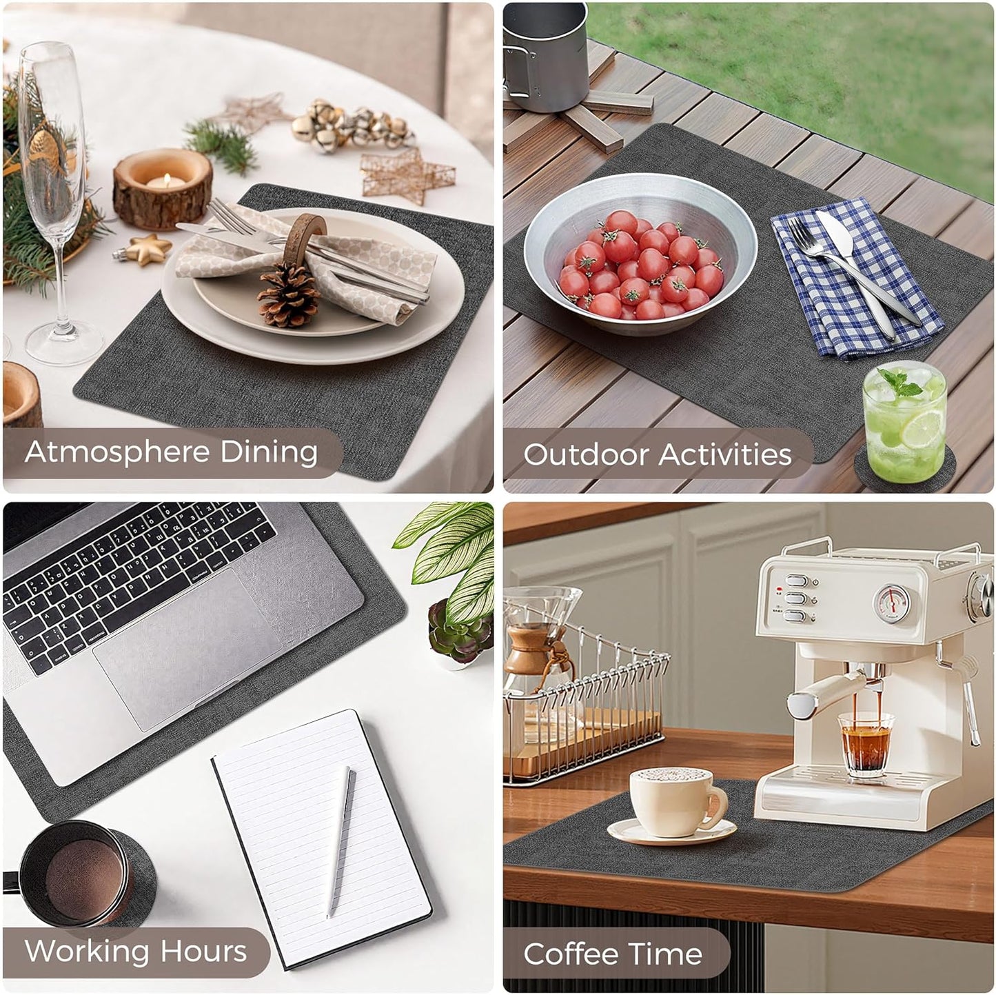 Vinyl Placemats Set of 6, Faux Leather Waterproof and Heat Resistant Place Mats, Washable Anti-Slip Table Mats with Coaster, Wipeable Placemats for Indoor & Outdoor 17" x 12" (Black, Set of 6)