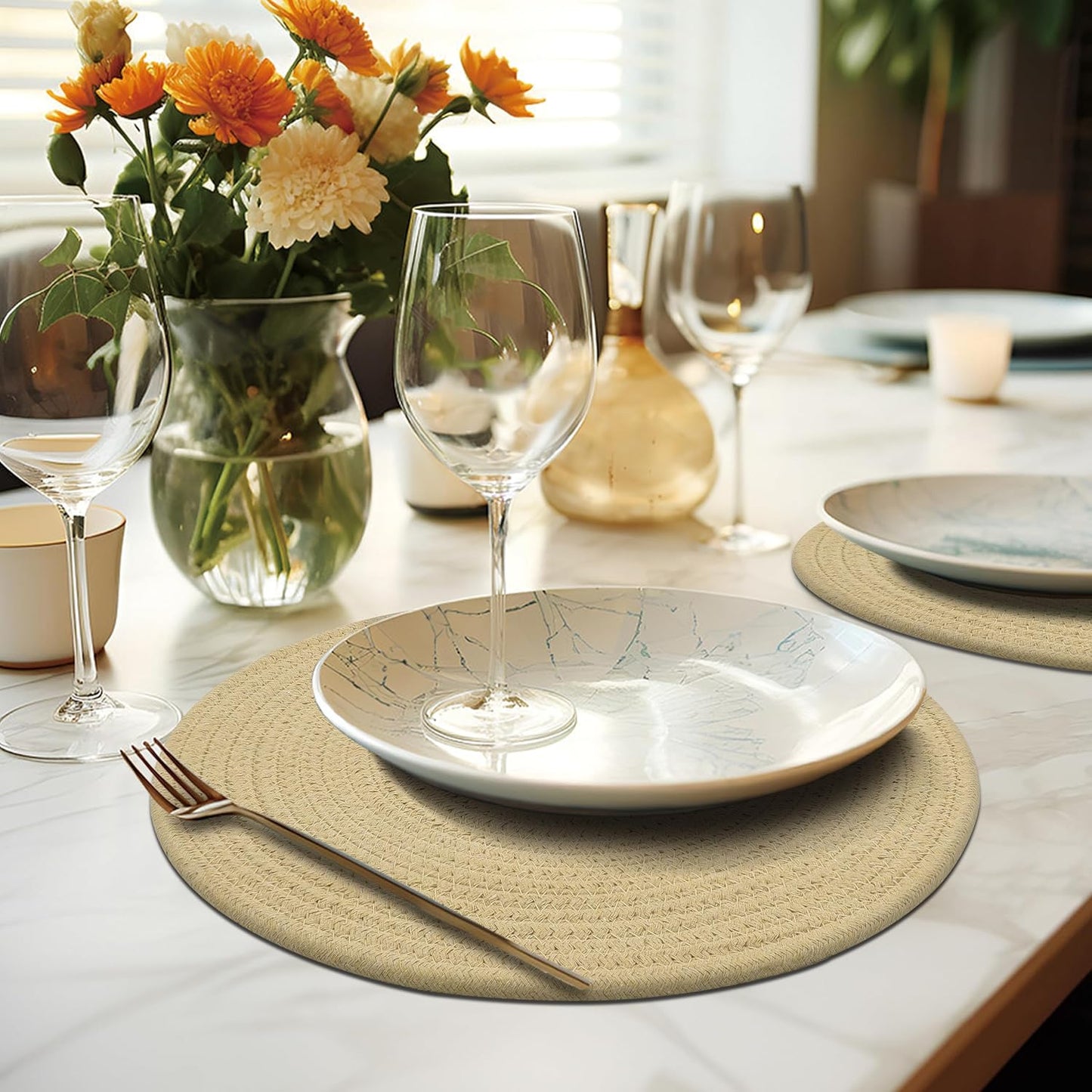 Round Placemats Set of 6, Cotton Rope Woven Table Mats, Hot Pads for Kitchen, Non Slip Heat Resistant Place Mats, 13 Inches Braided Placemat for Farmhouse Decor and Kitchen Table Decor (Khaki)