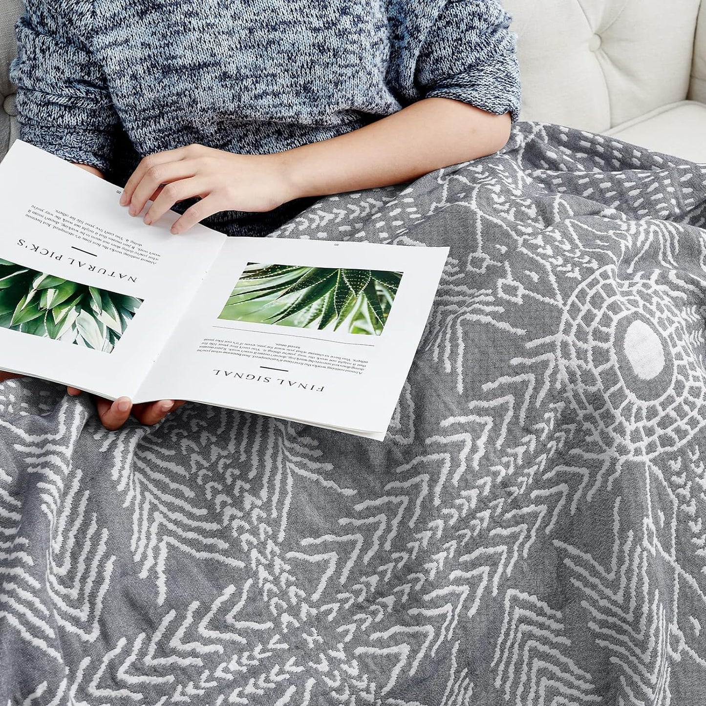 jinchan Boho 100% Cotton Muslin 50x60 Throw Blanket Lightweight 3 Layer Grey Blanket Washable Reversible Breathable Decorative Geometric Striped Patterned Gray Soft Cozy for Sofa Bed All Season Gift