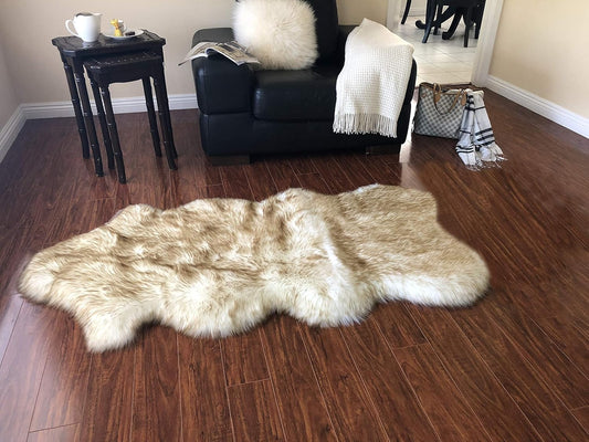 LAMBZY Faux Sheepskin Hypoallergenic Free Shape Silky Shag Rug, Luxury Shaggy Silky Plush Carpet for Bedrooms Rugs Living Sofa Floor (Single and a Half 2'x4', 60x120 cm White with Brown Tips)