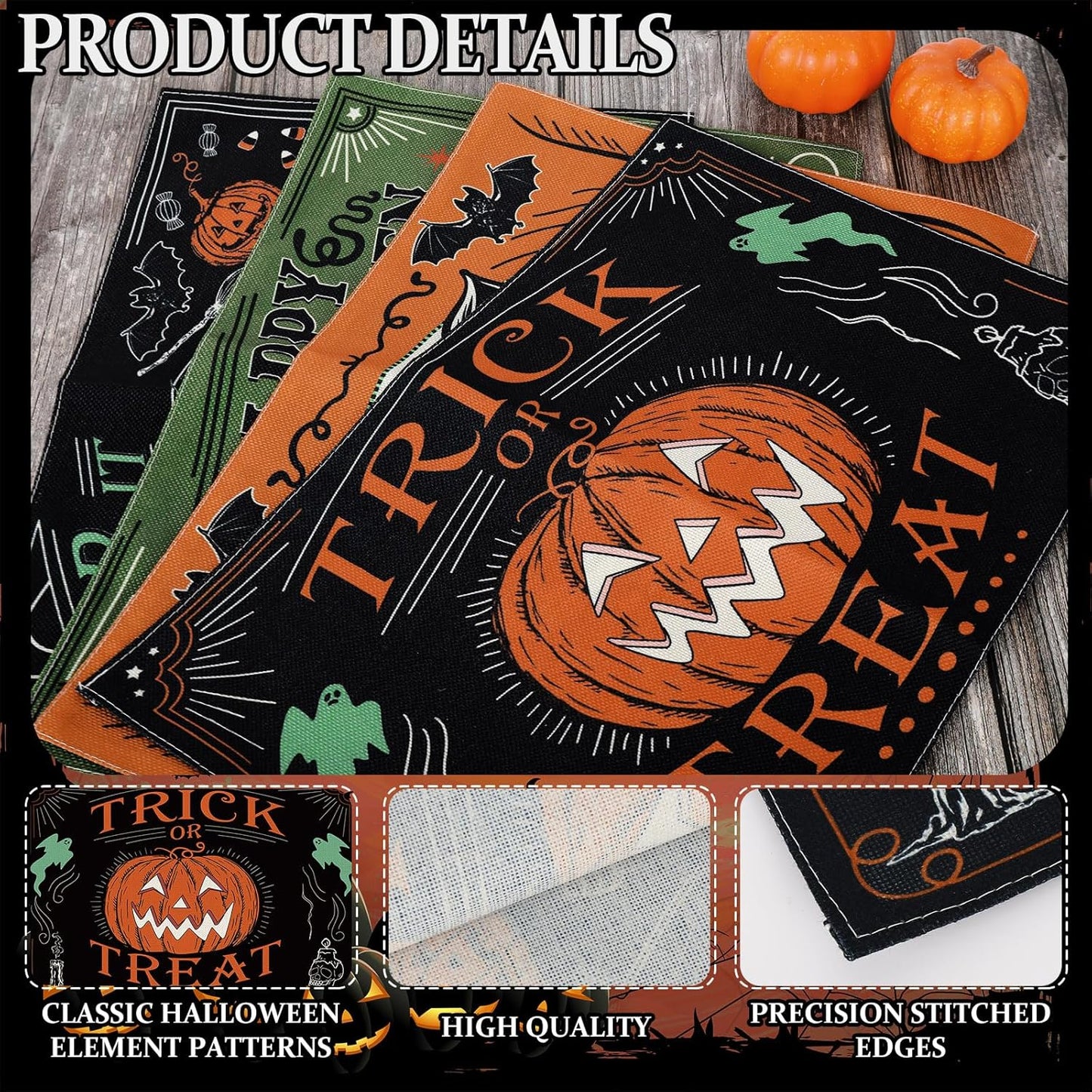 4Pcs Halloween Placemats Pumpkin Bat Black Cat Skeleton Table Mat Vintage Decorative Place Mats for Party Table Setting Decor, 12 x 18 Inch