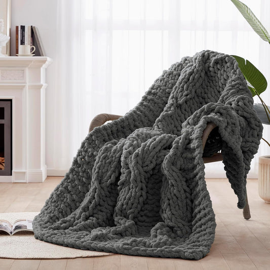 Chunky Knit Blanket Throw - 100% Hand Knitted Chunky Throw Blanket for Couch, Thick and Warm Blanket for Winter, Dark Grey, 50x60 Inches