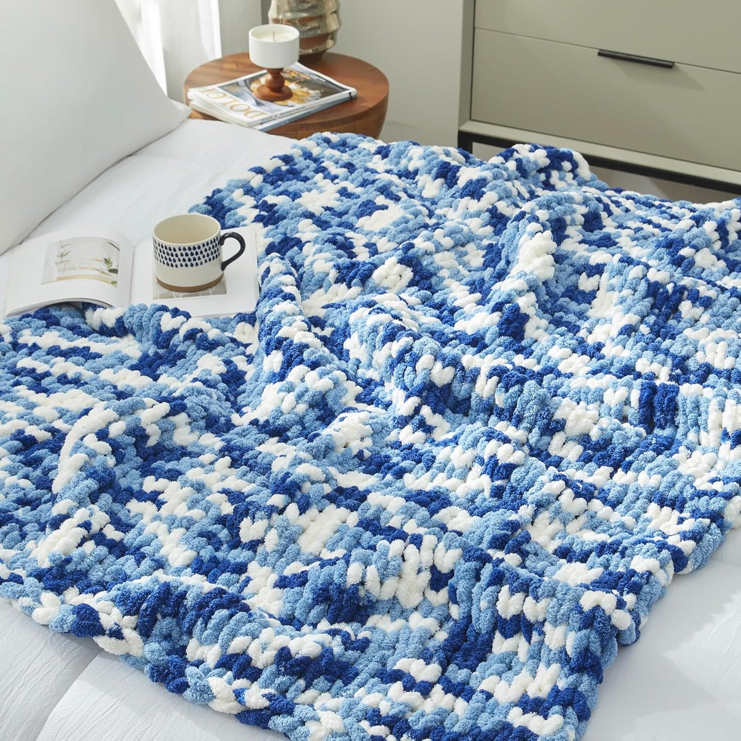 Amélie Home Chunky Knit Throw Blanket for Couch, Soft Chenille Crochet Blanket for Sofa, 50"x60", Space-Dyed Blue