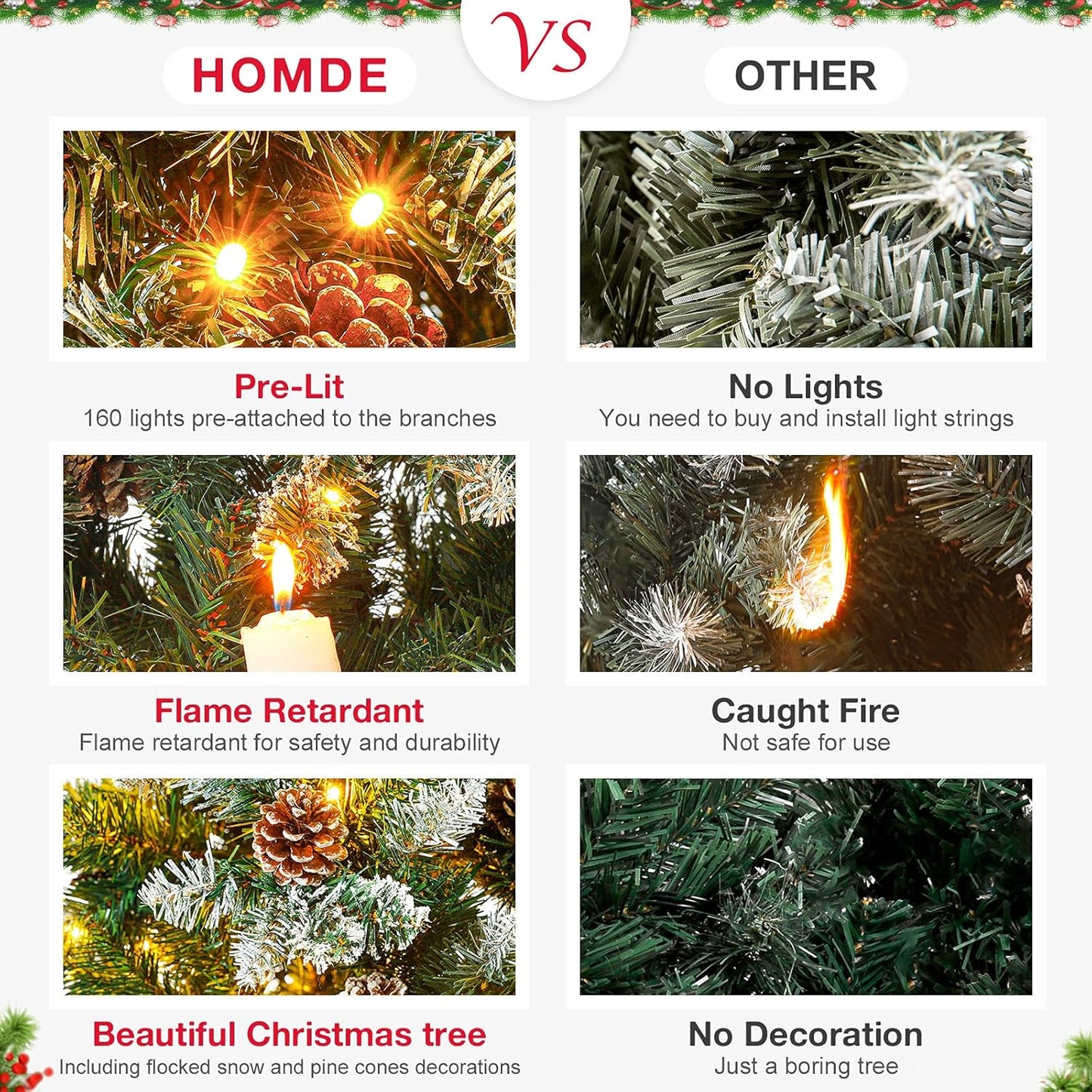 Homde Pencil Christmas Tree 7 Foot Pre-Lit Artificial Christmas Tree with Flocked Snow Pine Cone 210 Warm White Light Holiday Decor